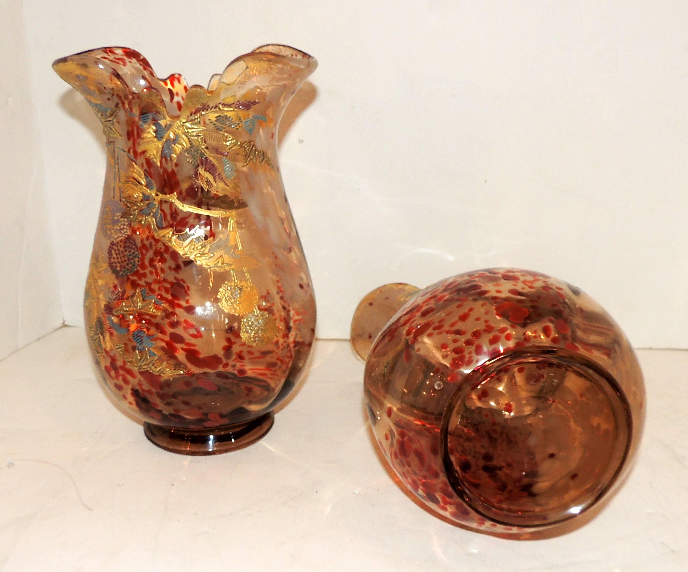 Czech Wonderful Pair Moser Vases Fine Quality Art Glass Art Nouveau Deco Gilt Enamel For Sale