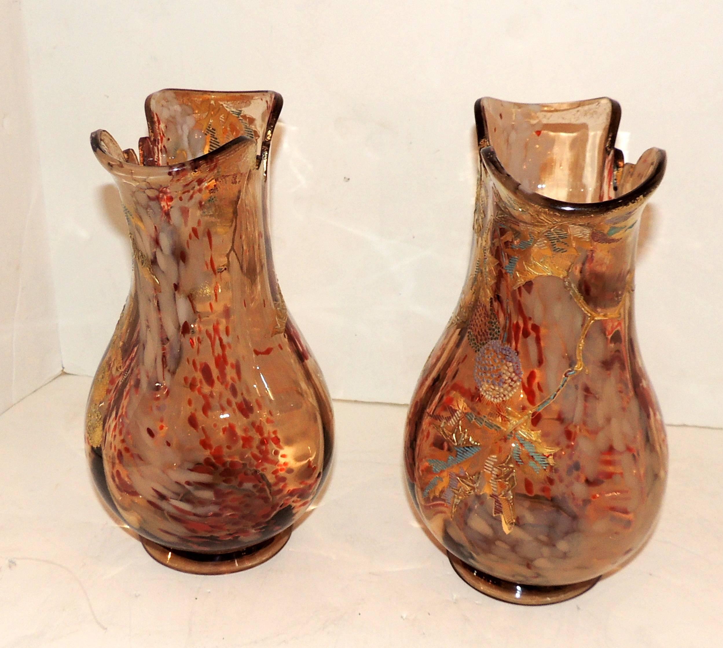 Wonderful Pair Moser Vases Fine Quality Art Glass Art Nouveau Deco Gilt Enamel In Good Condition For Sale In Roslyn, NY