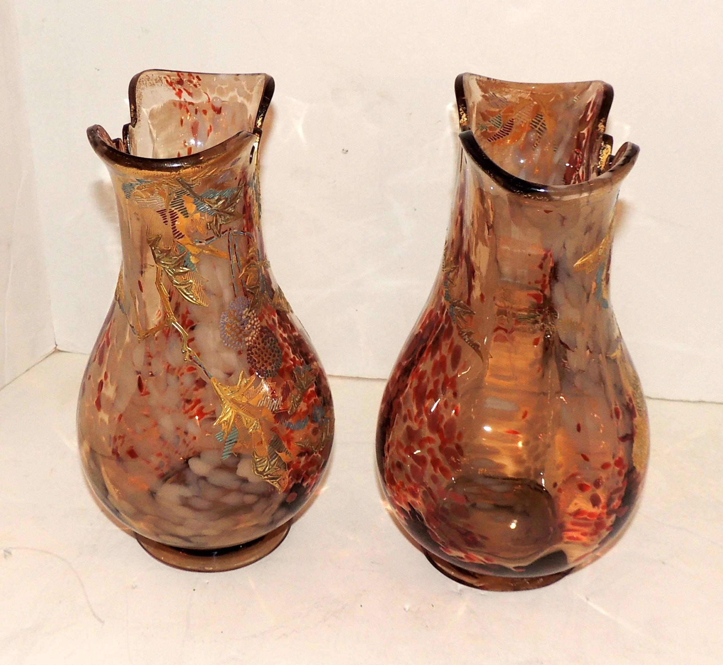 Wonderful Pair Moser Vases Fine Quality Art Glass Art Nouveau Deco Gilt Enamel For Sale 2