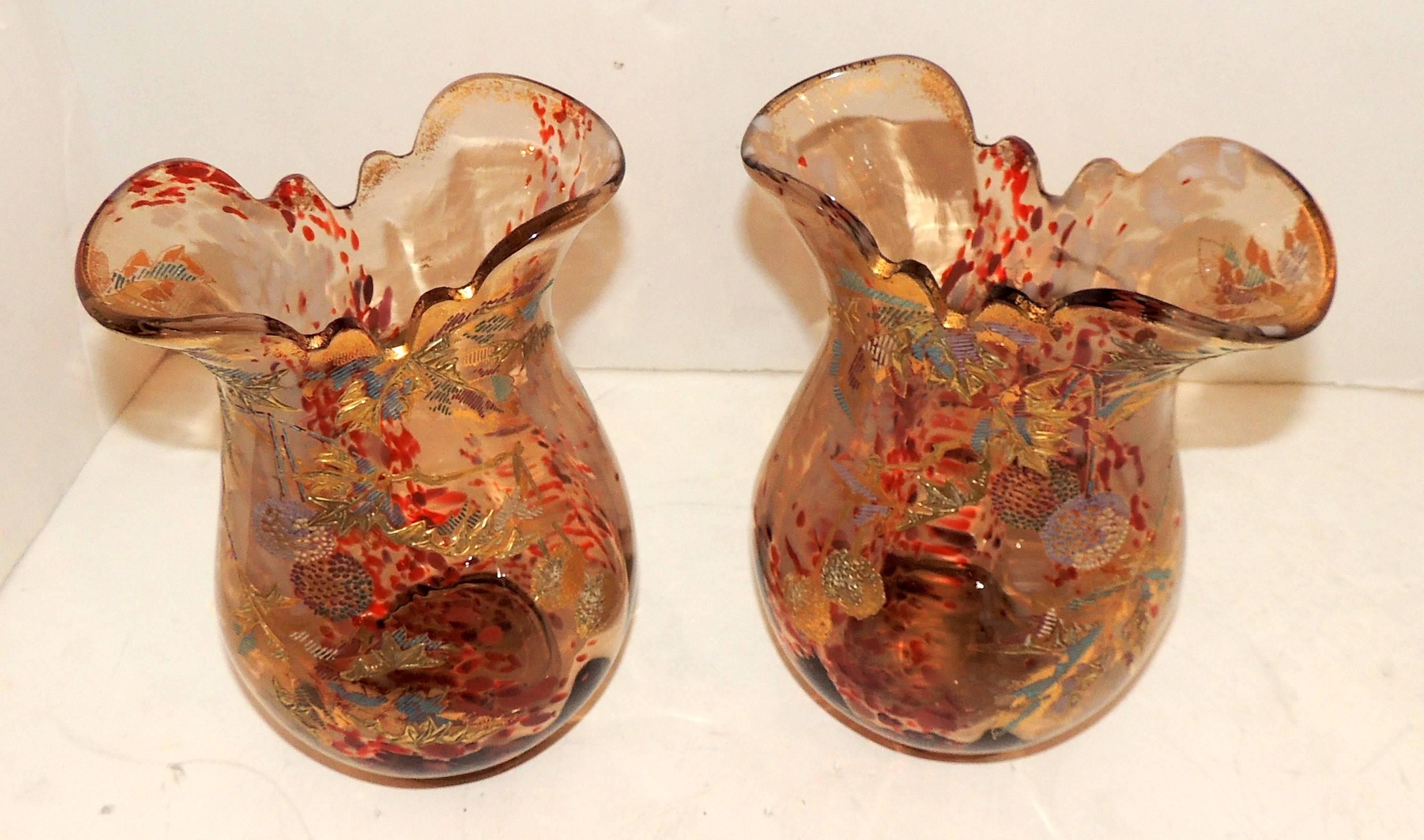 Early 20th Century Wonderful Pair Moser Vases Fine Quality Art Glass Art Nouveau Deco Gilt Enamel For Sale