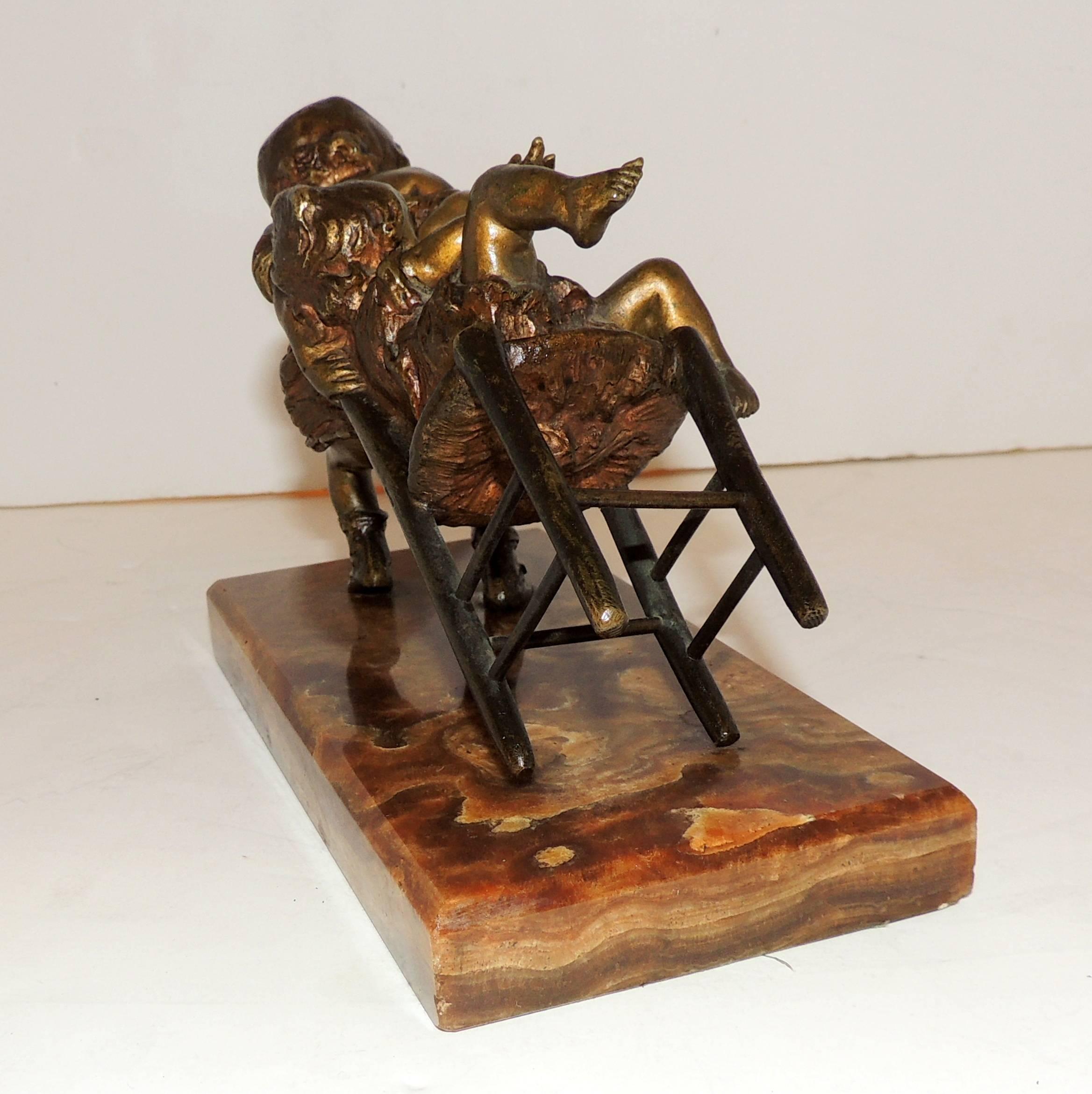 Spanish Wonderful Signed Bronze Sculpture Juan Clara Ayats Onyx Girls Playing with Chair For Sale