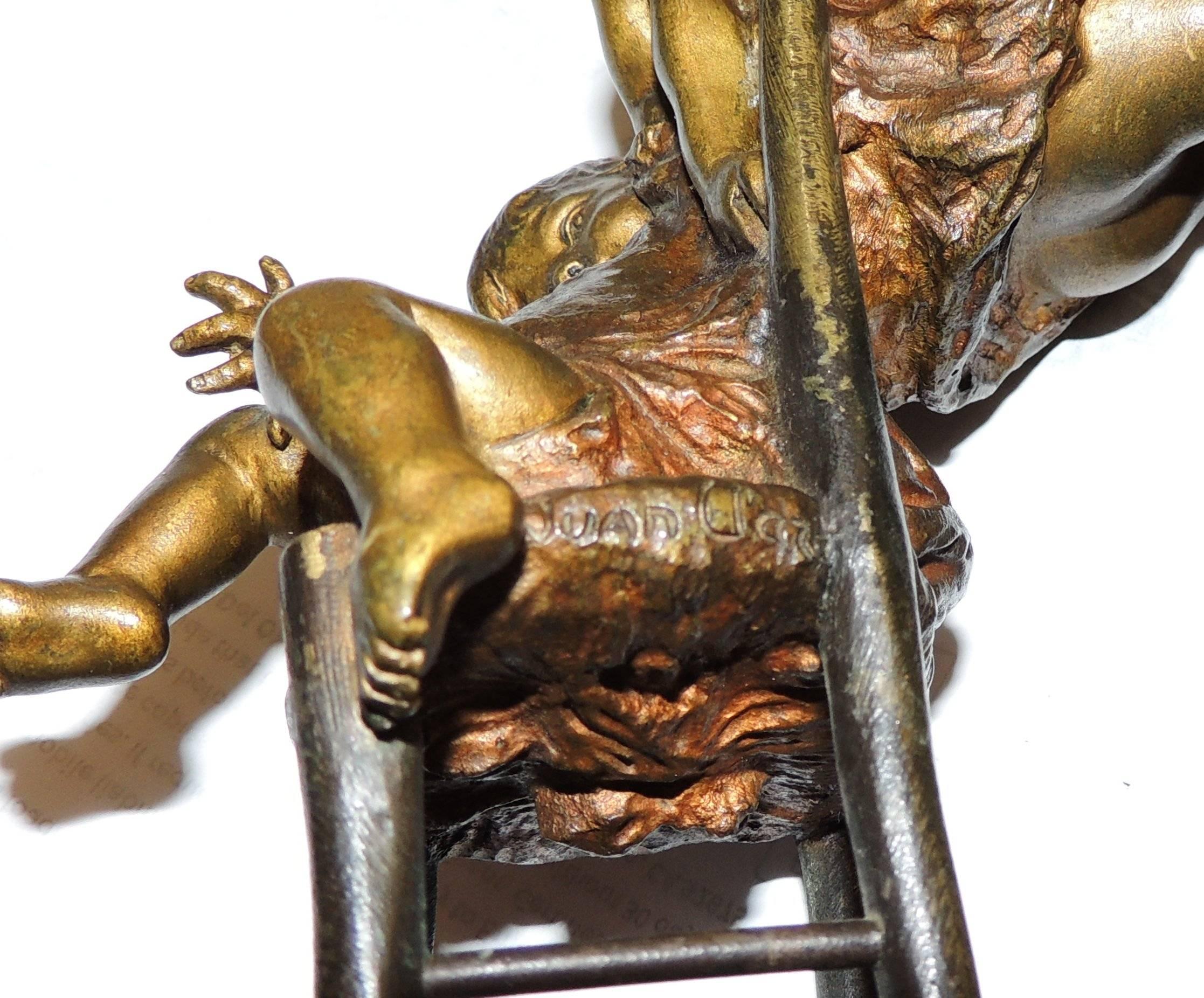 Wonderful Signed Bronze Sculpture Juan Clara Ayats Onyx Girls Playing with Chair In Good Condition For Sale In Roslyn, NY