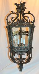 Wonderful French Verde Patinated Bronze Beveled Glass Lantern Pendent Fixture
