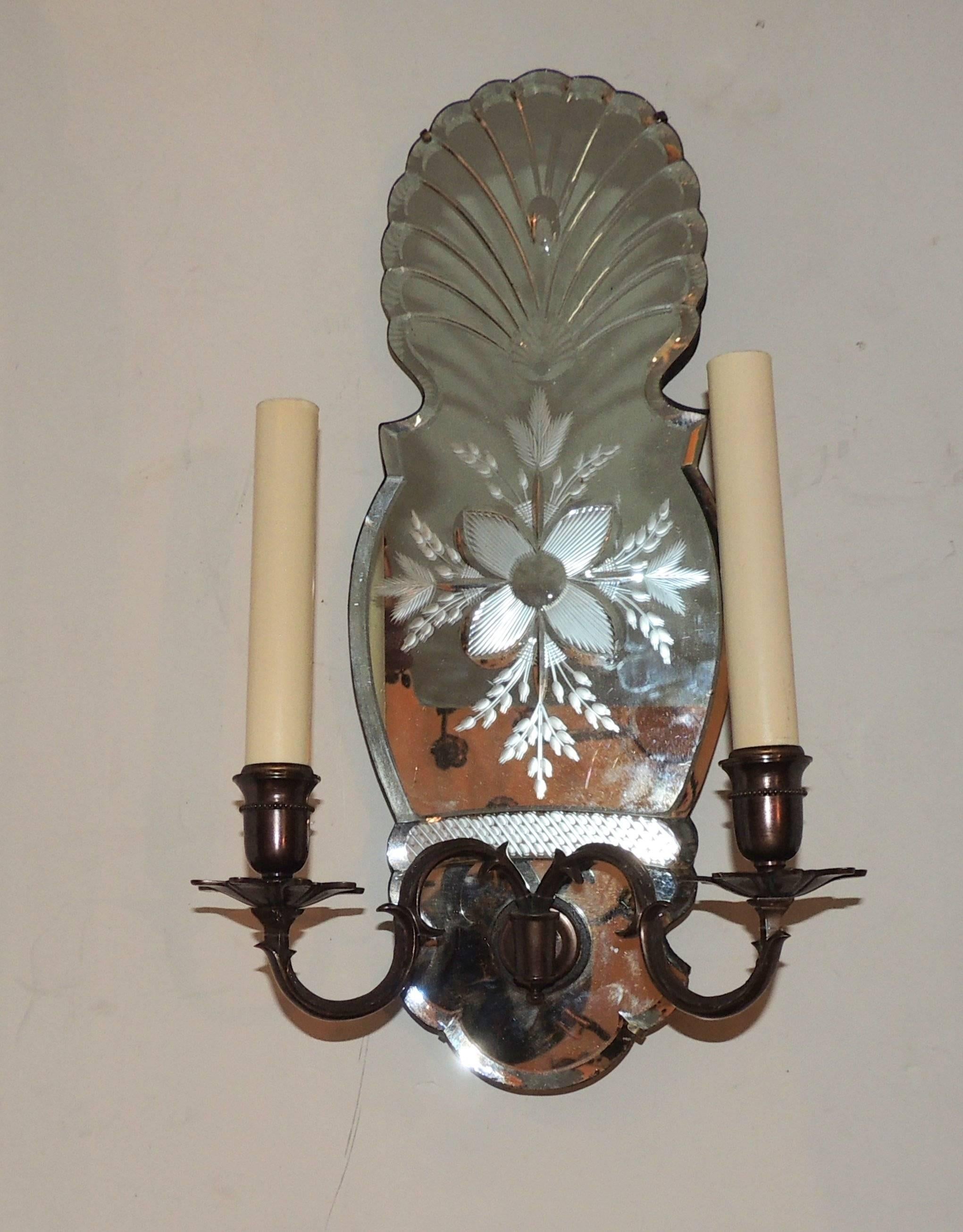 Mid-20th Century Wonderful Pair Etched Floral Mirror Back Two-Light Bronze Caldwell Sconces