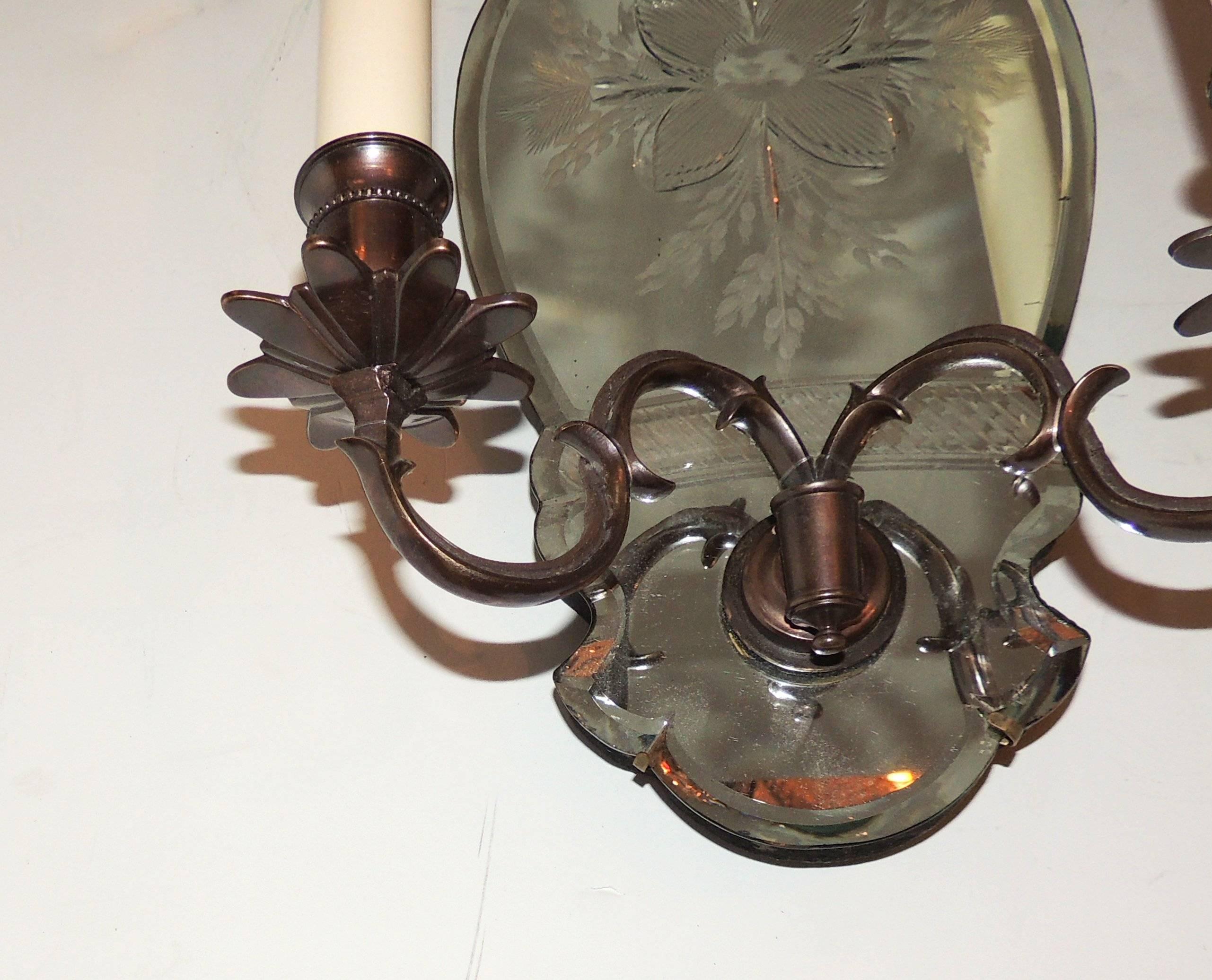 Beveled Wonderful Pair Etched Floral Mirror Back Two-Light Bronze Caldwell Sconces