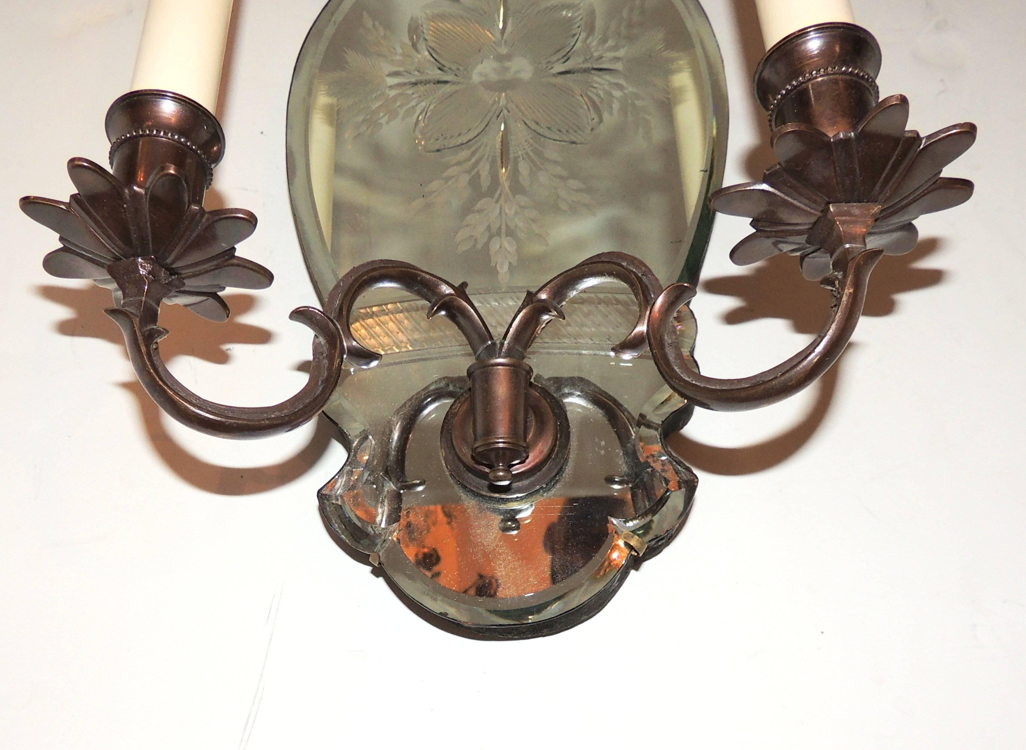 Wonderful Pair Etched Floral Mirror Back Two-Light Bronze Caldwell Sconces In Good Condition In Roslyn, NY