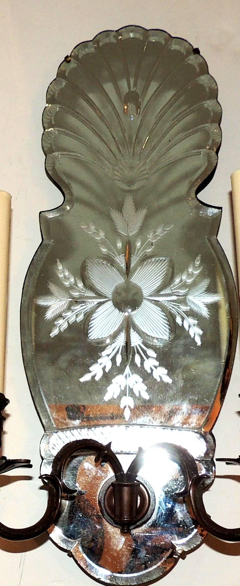 Unknown Wonderful Pair Etched Floral Mirror Back Two-Light Bronze Caldwell Sconces