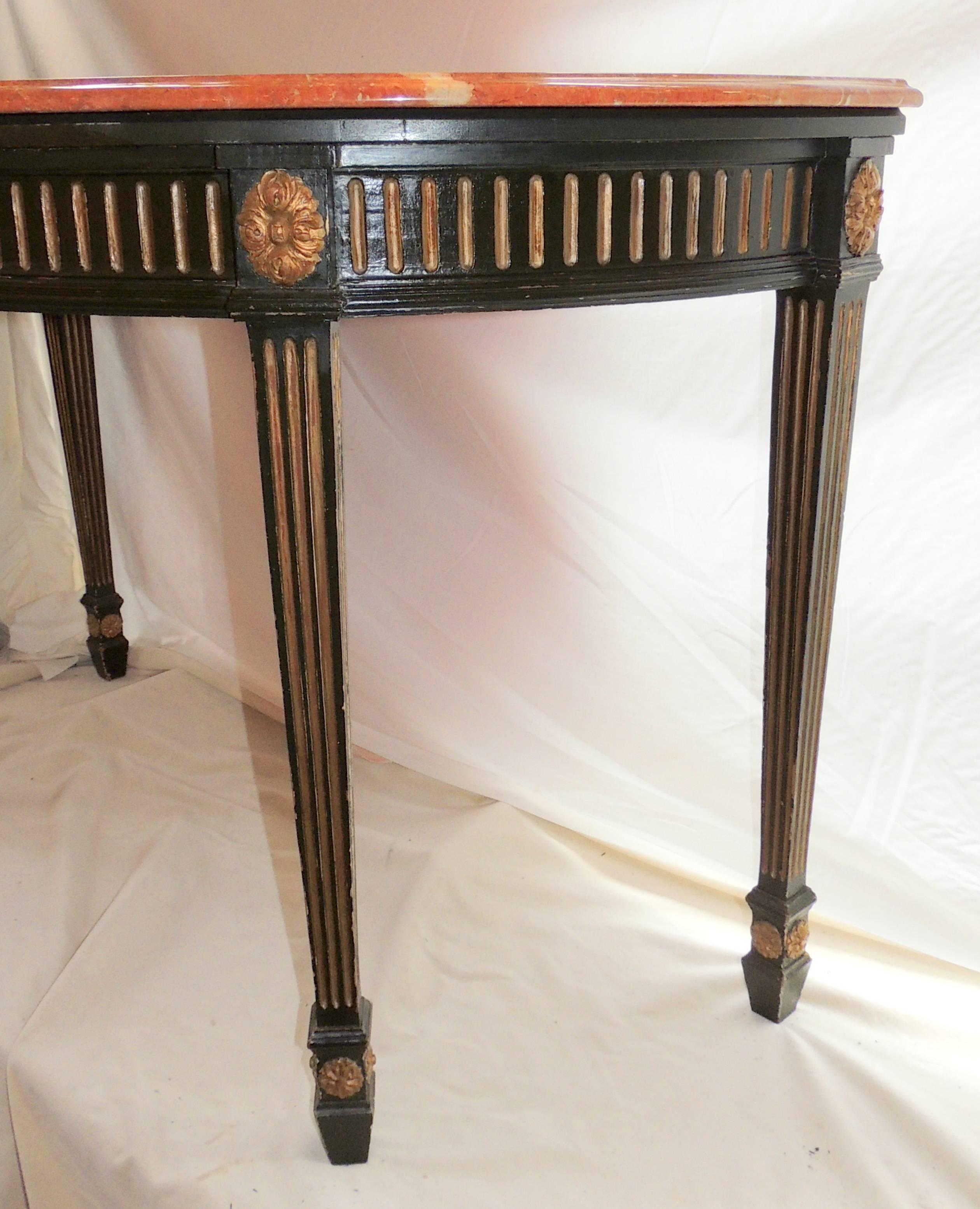 Wonderful French Pair Regency Marble-Top Green Gold Gilt Demilune Console Tables For Sale 1