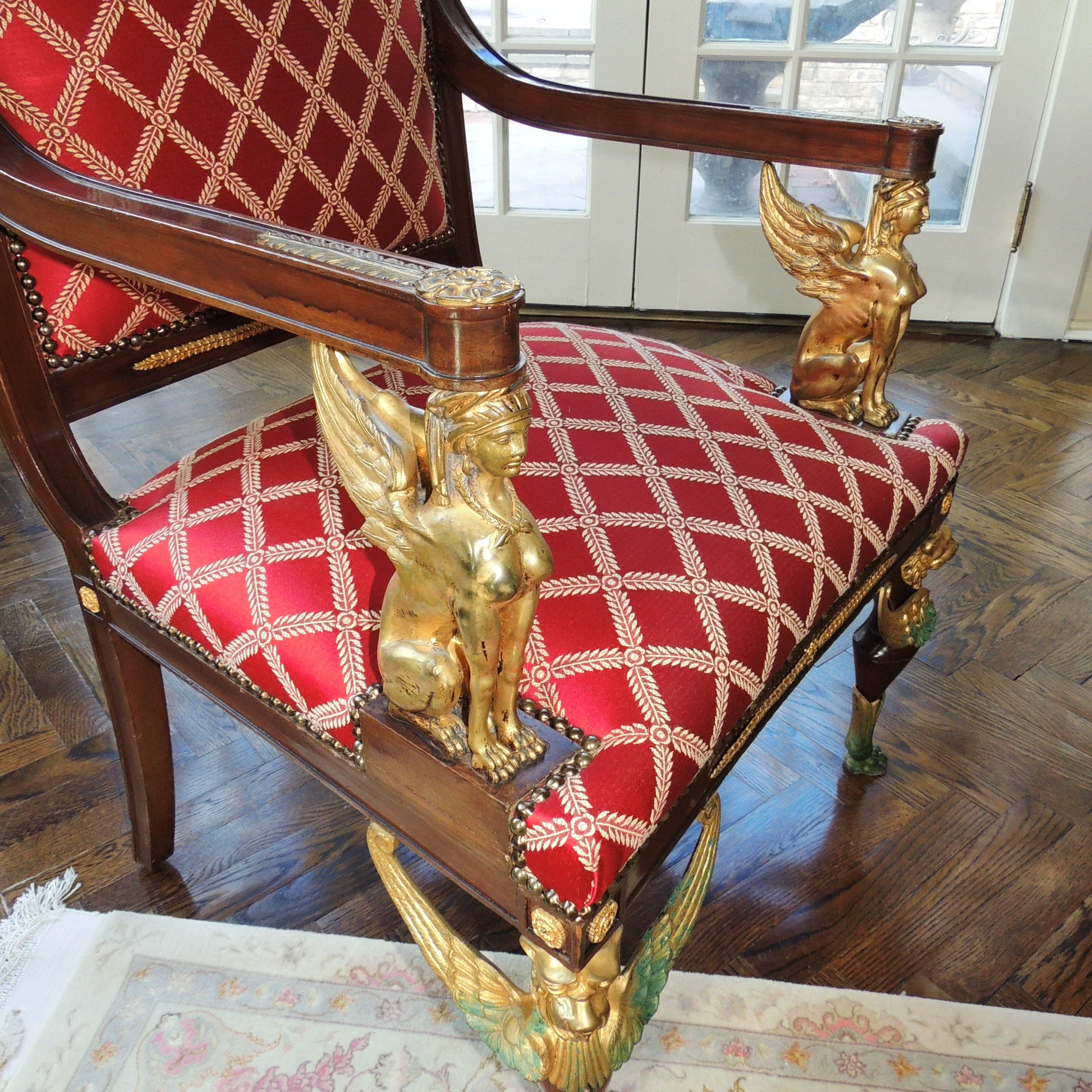 French Empire Parlour Set of Five-Piece Ormolu Bronze Armchairs Couch Settee In Good Condition In Roslyn, NY