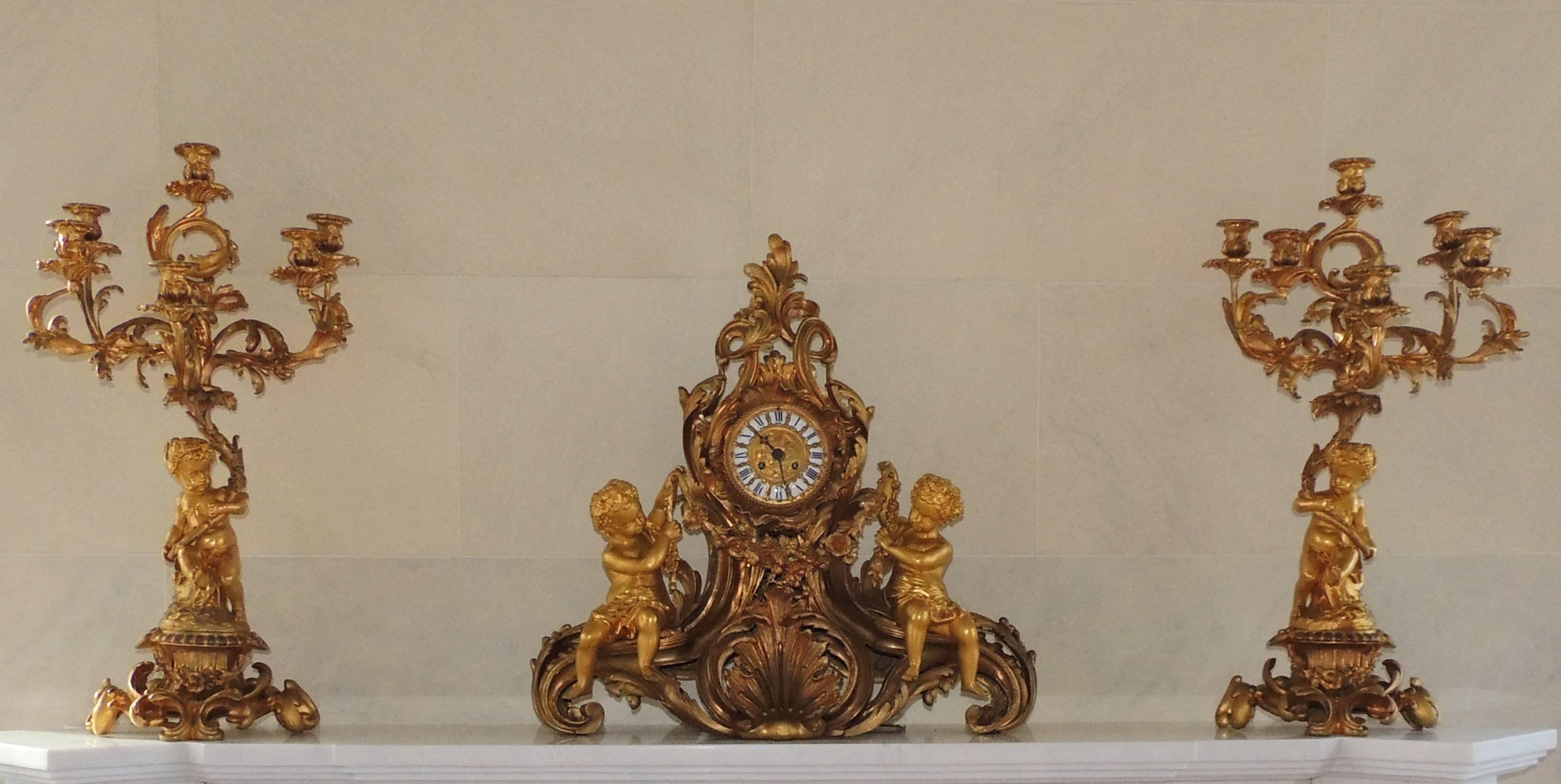 Wonderful Large French Cherub Putti, Gilt Dore Bronze Rococo Clock Set 1