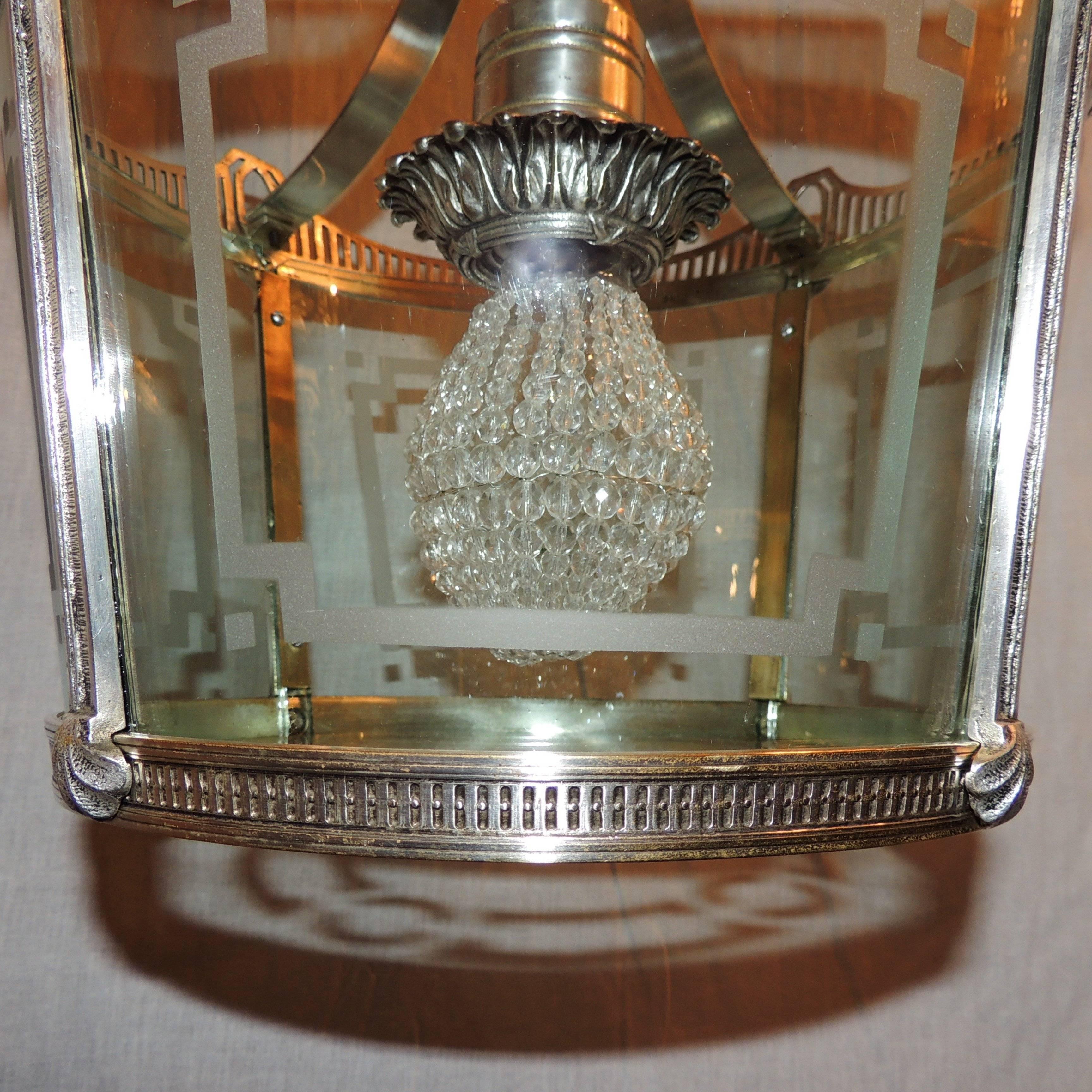 Wonderful Vintage Caldwell Art Deco Silver Bronze Lantern Etched Glass Fixture For Sale 1