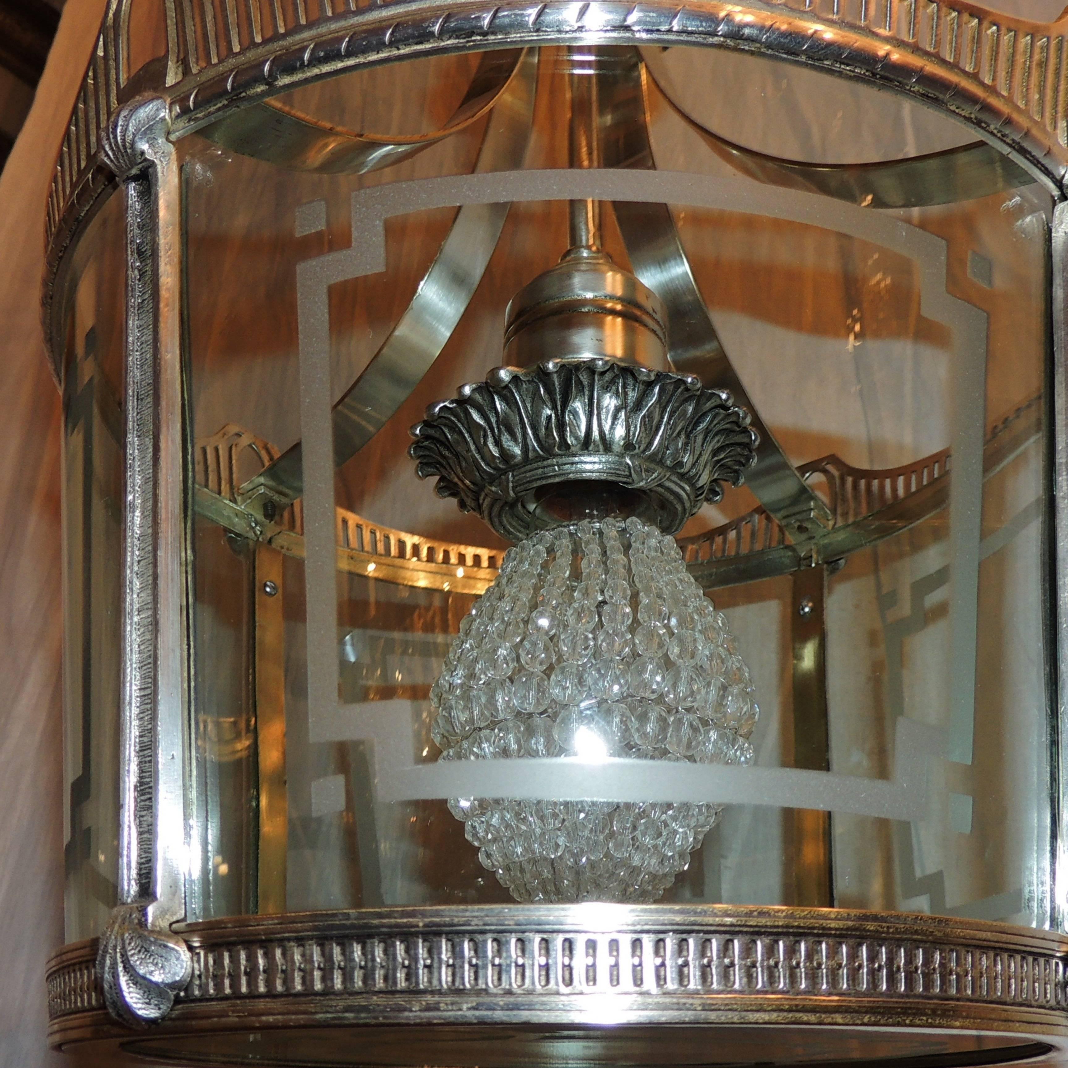 Wonderful Vintage Caldwell Art Deco Silver Bronze Lantern Etched Glass Fixture For Sale 4
