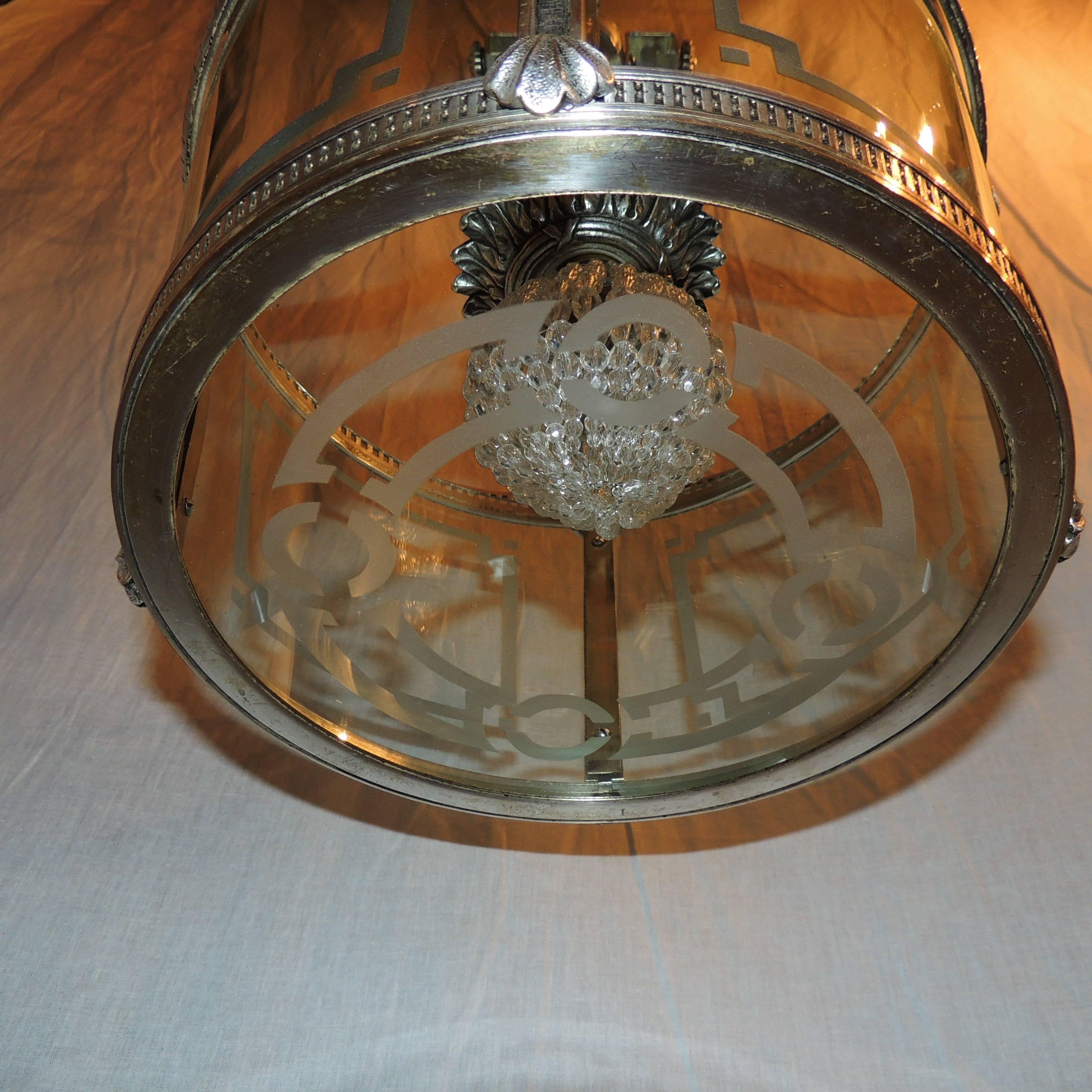 Wonderful Vintage Caldwell Art Deco Silver Bronze Lantern Etched Glass Fixture For Sale 5