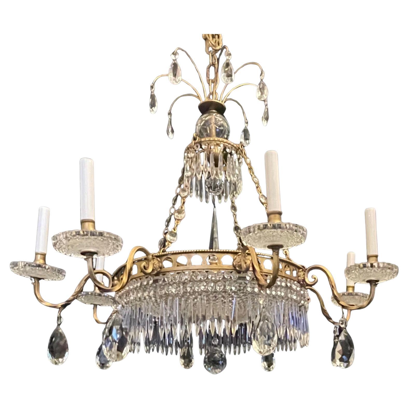 Wonderful French Bronze Regency Empire Crystal 12-Light Neoclassical Chandelier