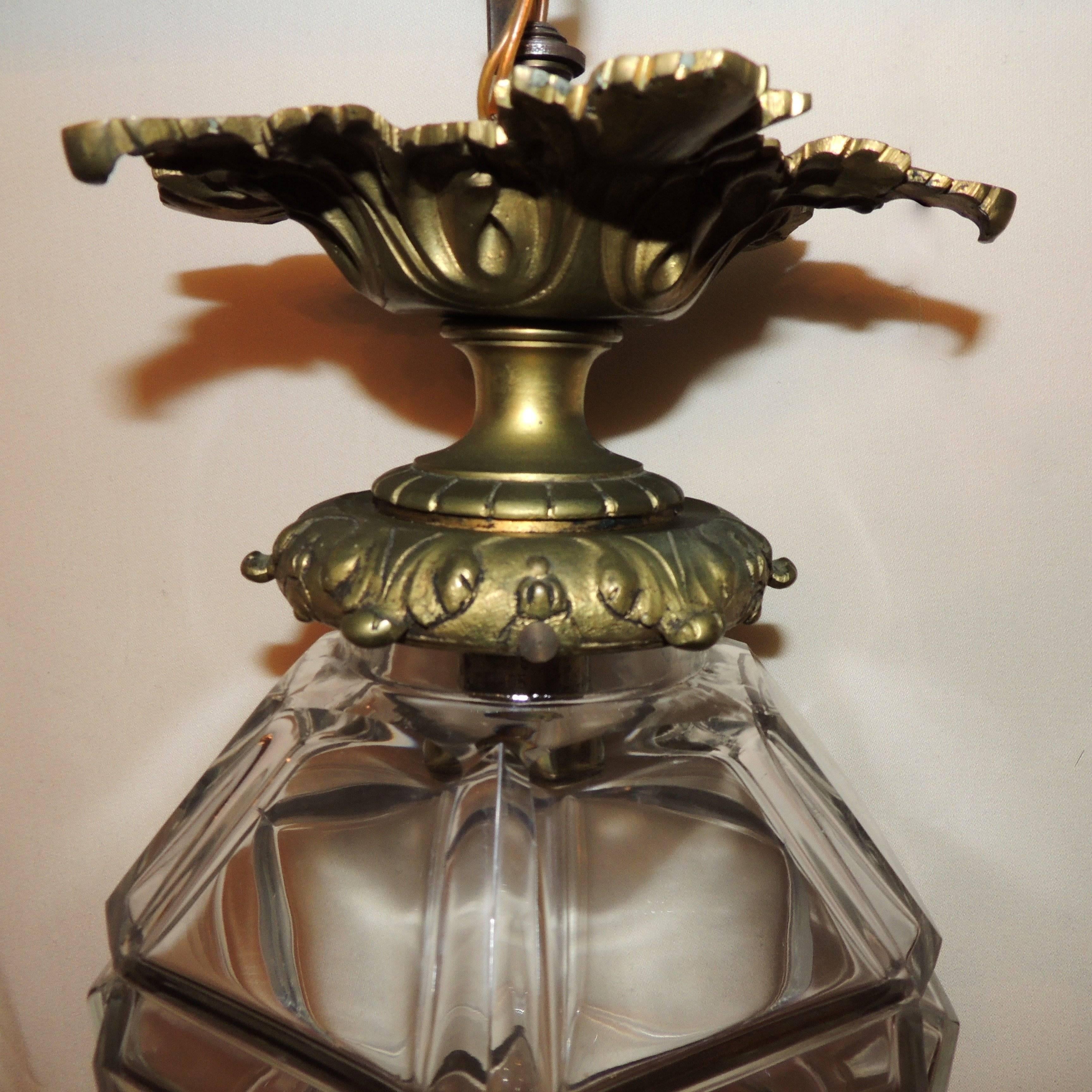 Elegant Gilt Bronze Beveled Panel Glass Lantern Filigree Canopy Pendent Fixture In Good Condition In Roslyn, NY