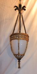 Caldwell Bronze Etched Floral Opal Glass Three-Light Lantern Chandelier Fixture