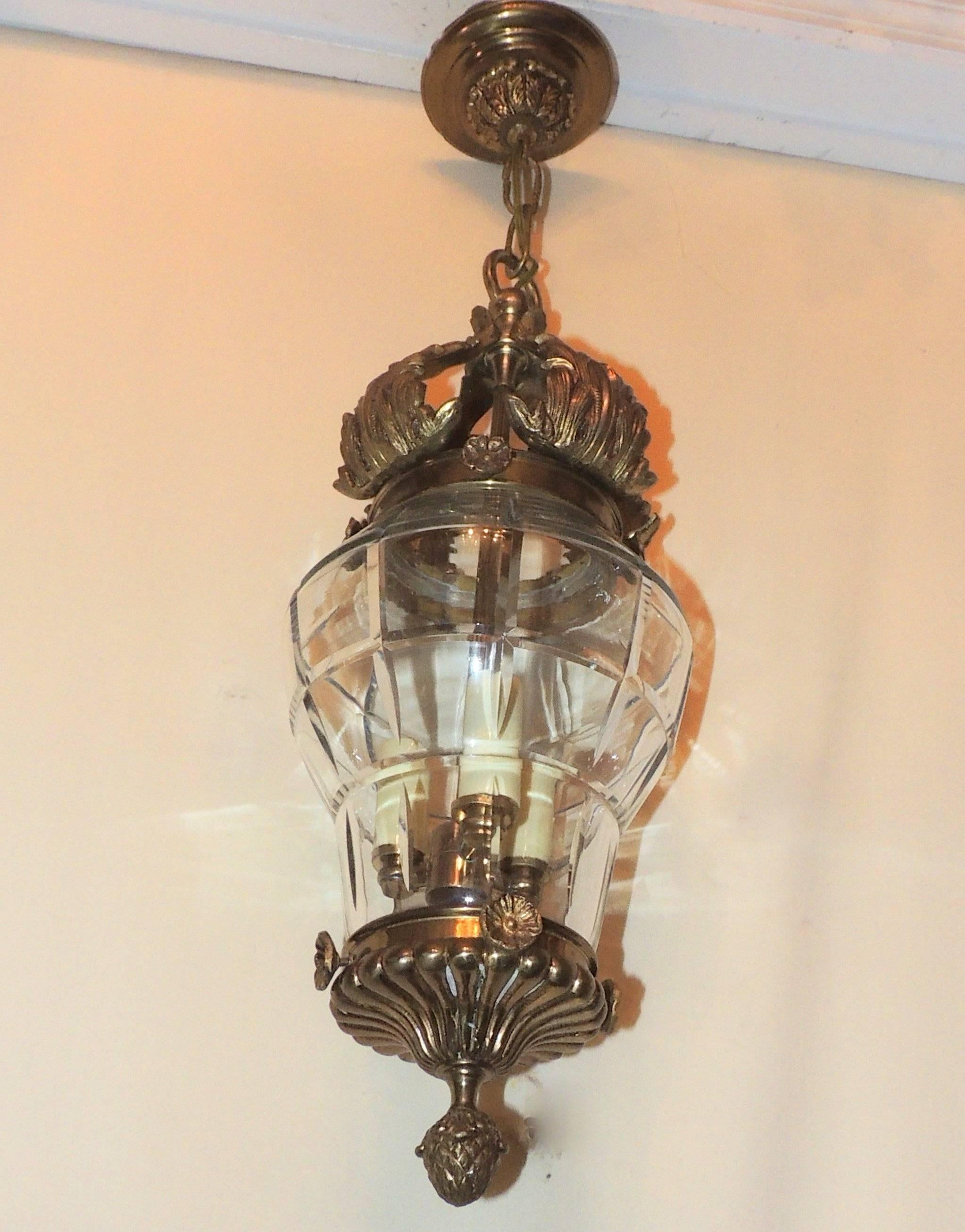 Regency Wonderful French Bronze Filigree Beveled Panel Glass Lantern Chandelier Fixture