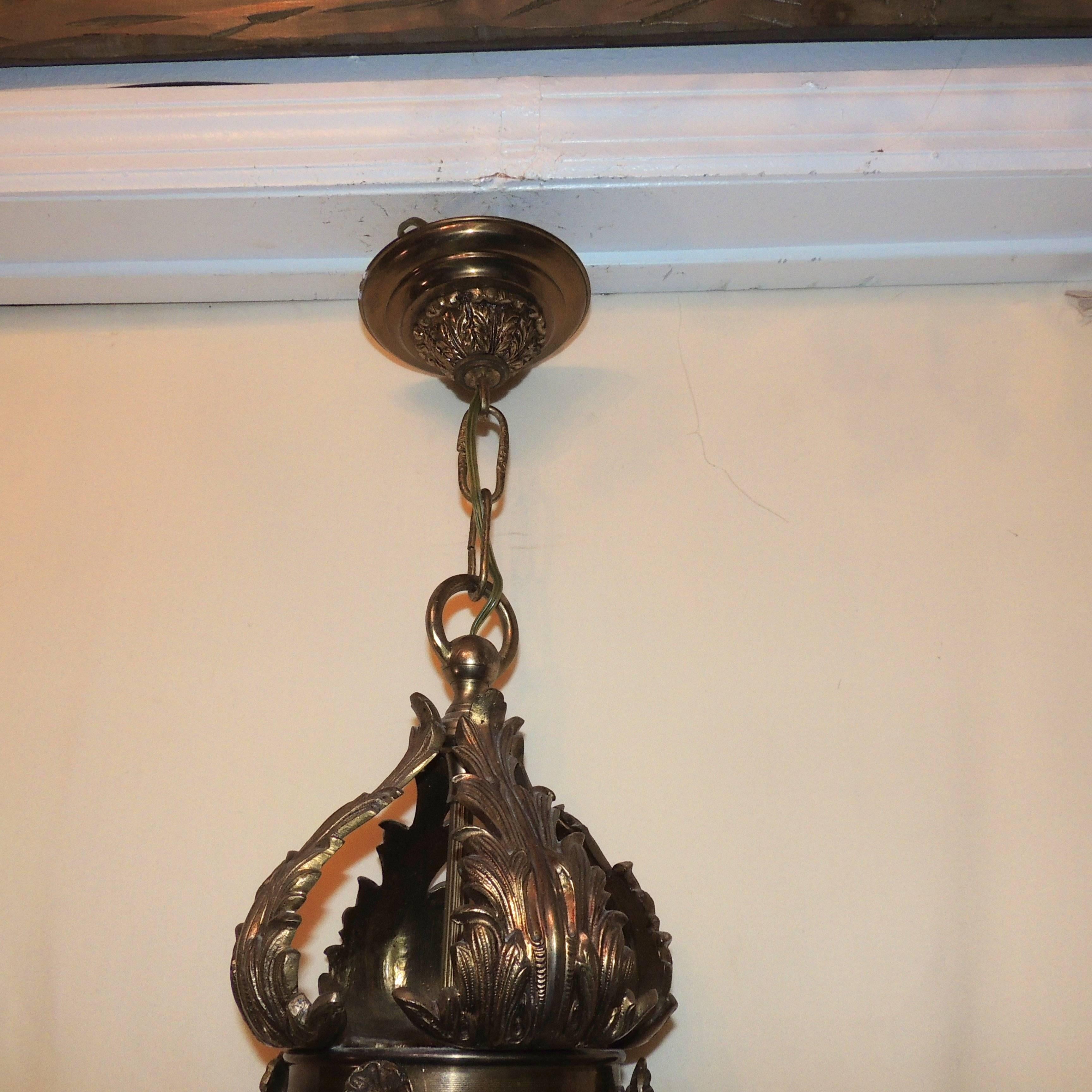 Wonderful French Bronze Filigree Beveled Panel Glass Lantern Chandelier Fixture In Good Condition In Roslyn, NY