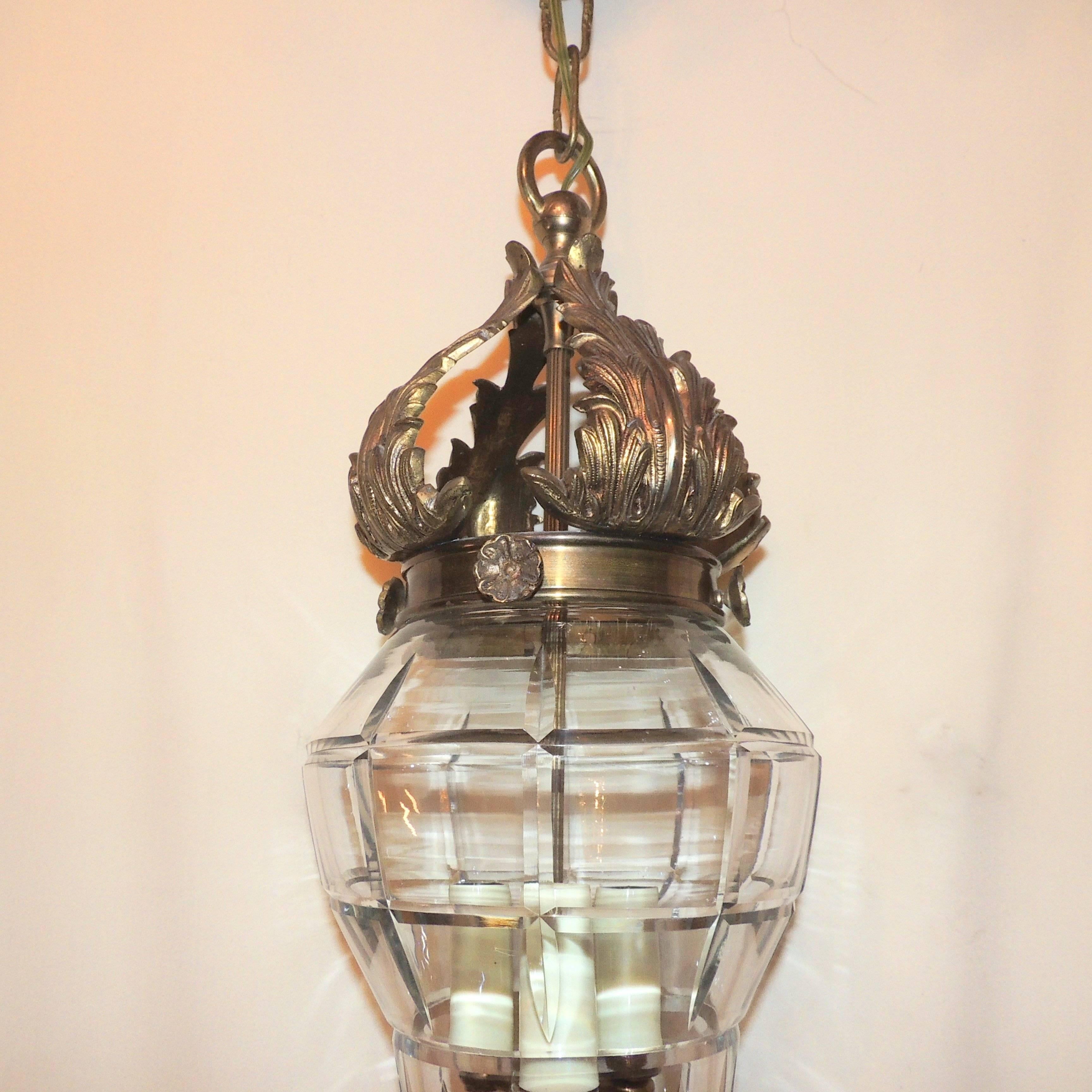 Mid-20th Century Wonderful French Bronze Filigree Beveled Panel Glass Lantern Chandelier Fixture