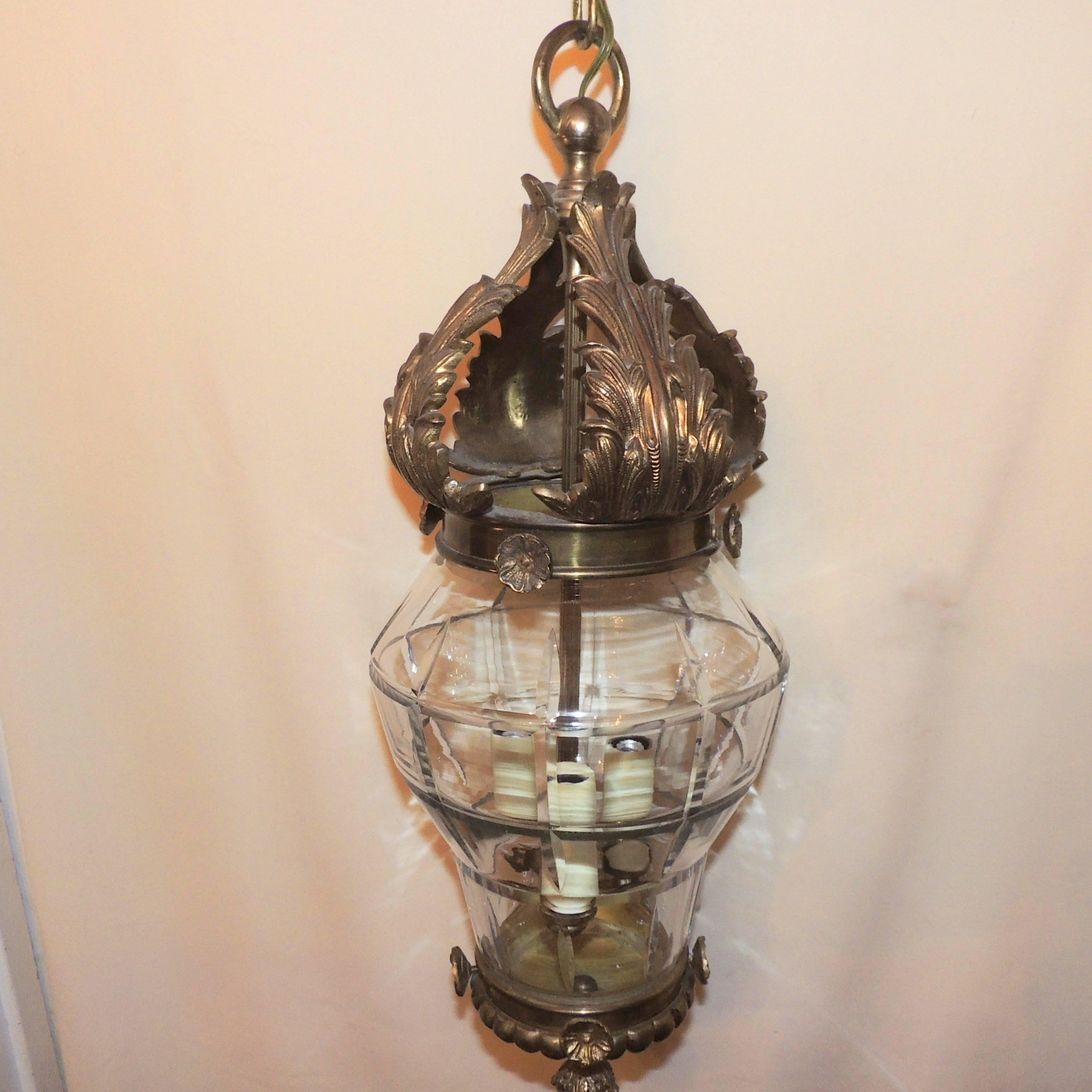 Wonderful French Bronze Filigree Beveled Panel Glass Lantern Chandelier Fixture 1