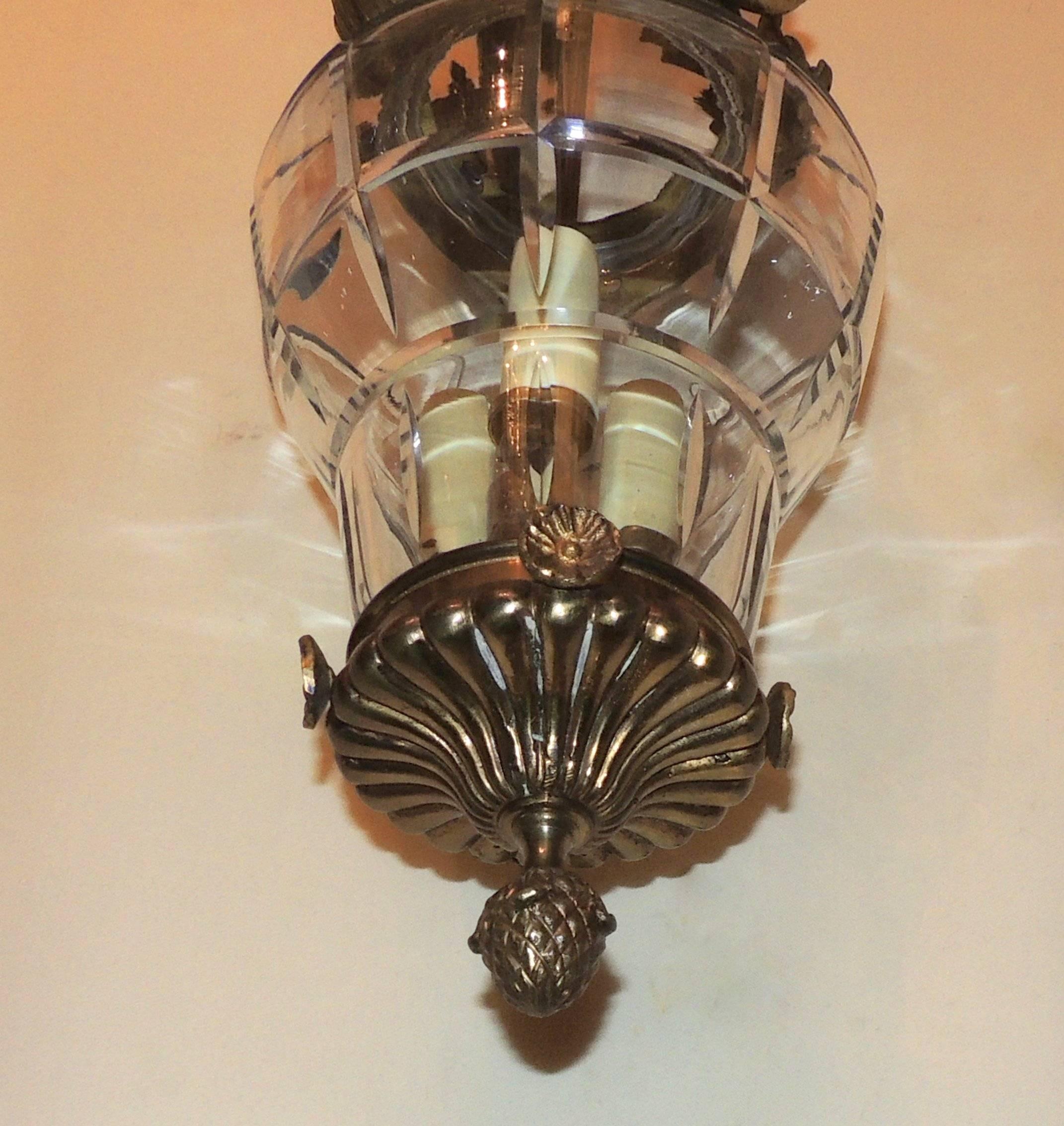 Wonderful French Bronze Filigree Beveled Panel Glass Lantern Chandelier Fixture 2