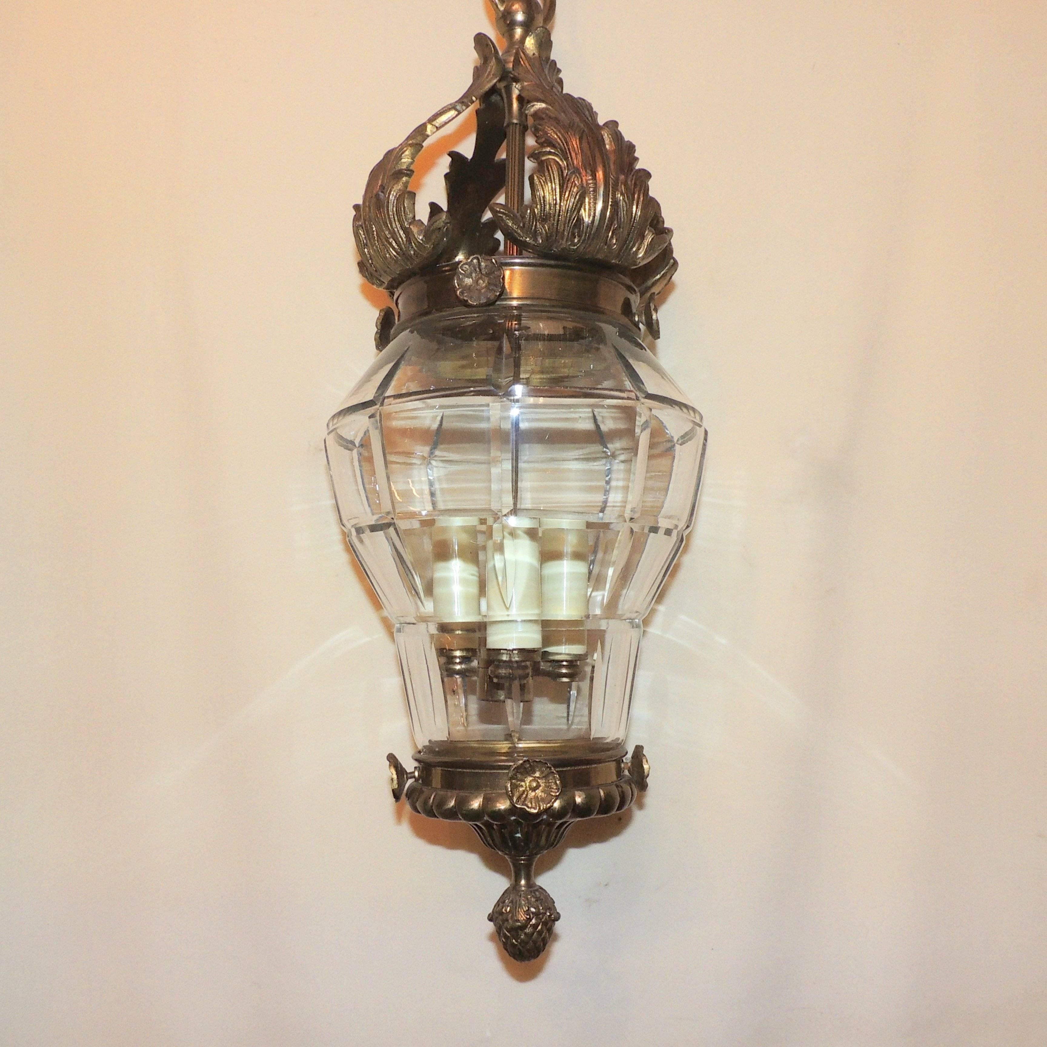 Wonderful French Bronze Filigree Beveled Panel Glass Lantern Chandelier Fixture 3