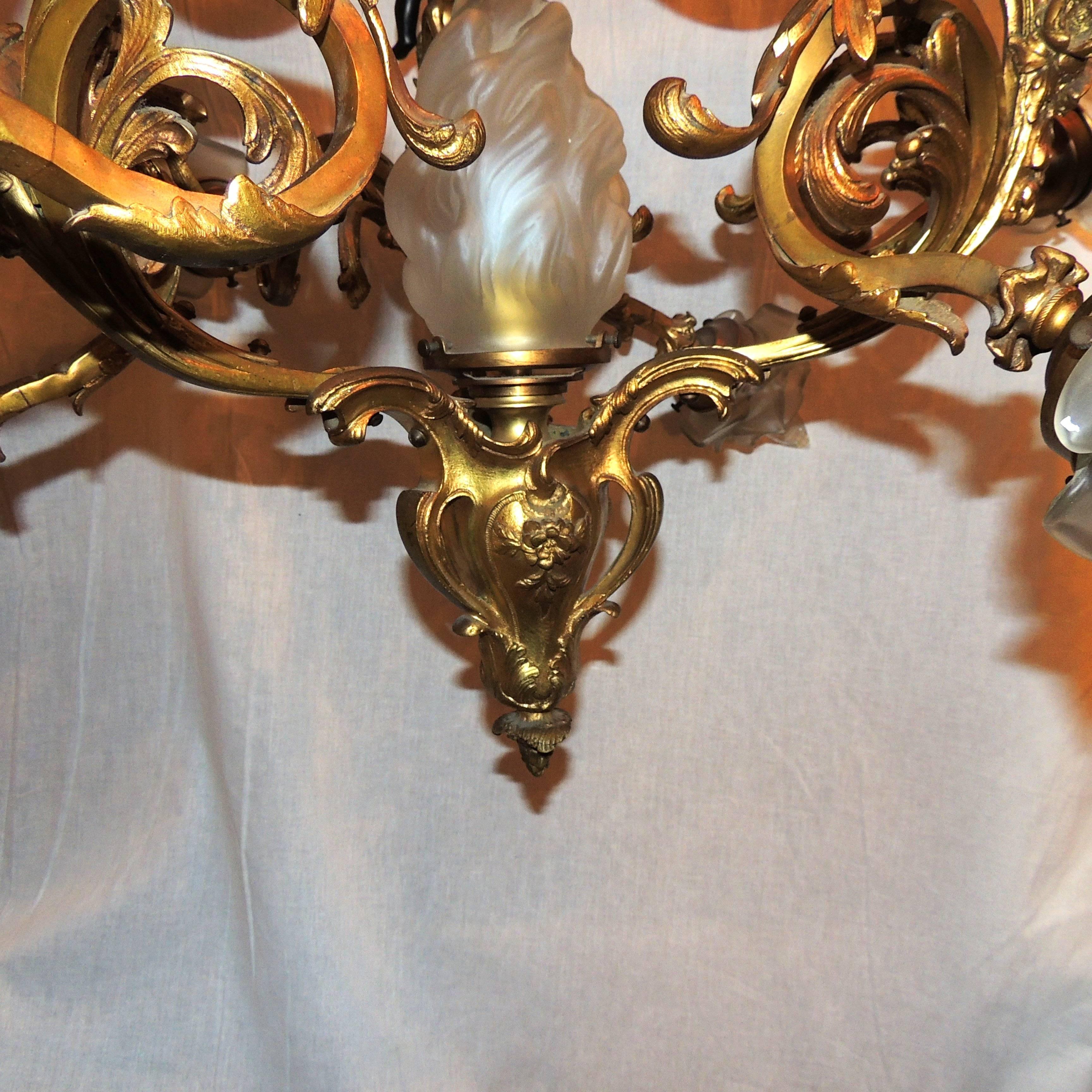 Wonderful 19th Century French Doré Bronze Cherub Rose Bud Shade Large Chandelier 1