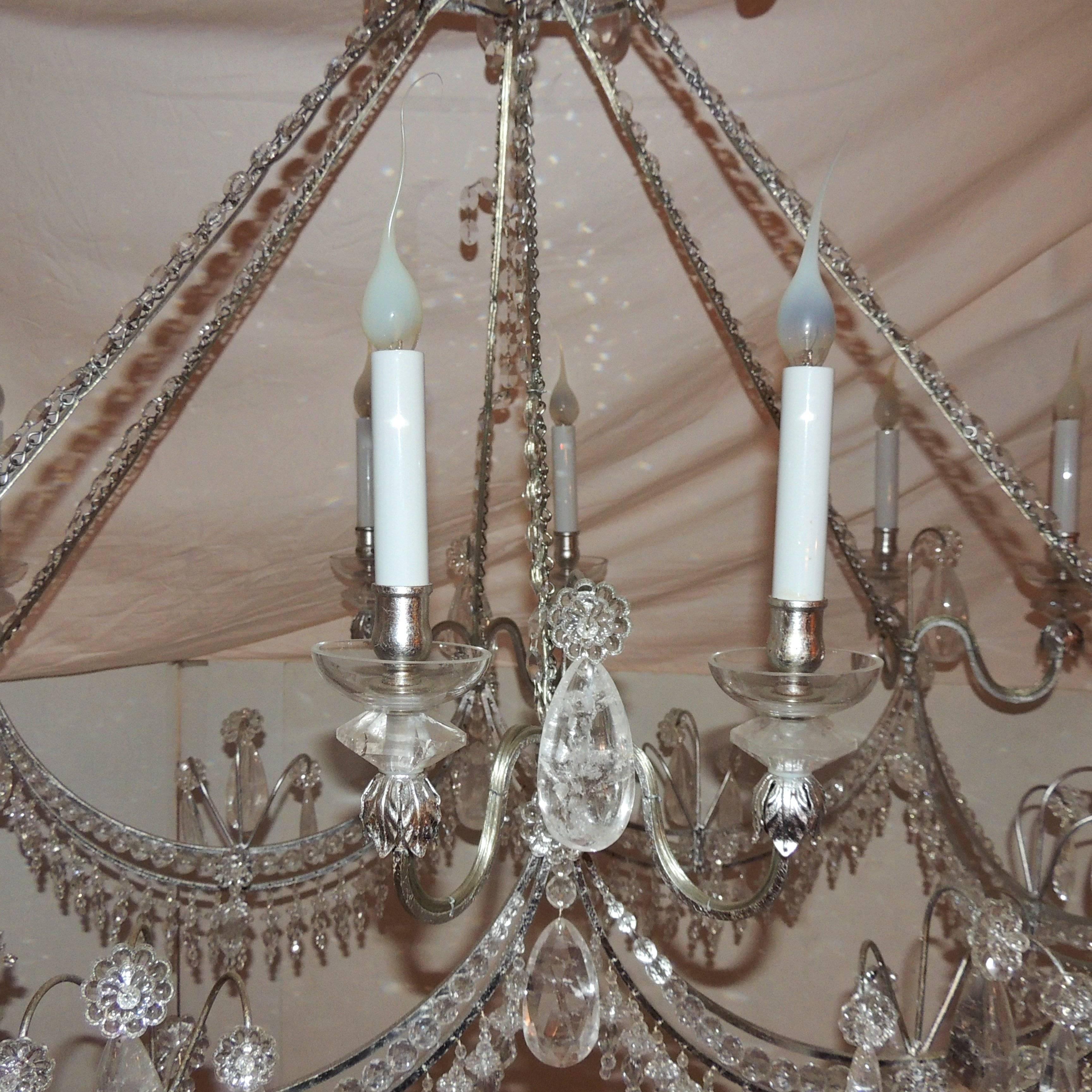 Wonderful Silver Gilt Crystal Swag Rock Crystal Rectangular Chandelier Fixture In Good Condition In Roslyn, NY