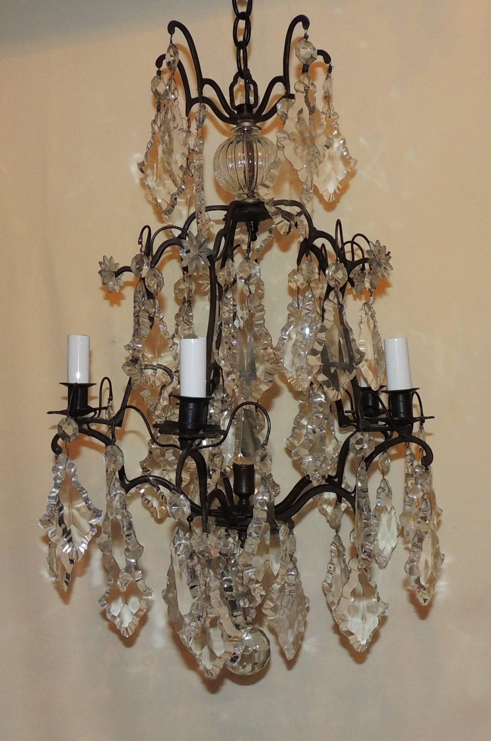 Charmant lustre à cinq lumières en bronze et cristal français, avec des cristaux taillés en clair et un fleuron central en cristal.

Mesures : 24