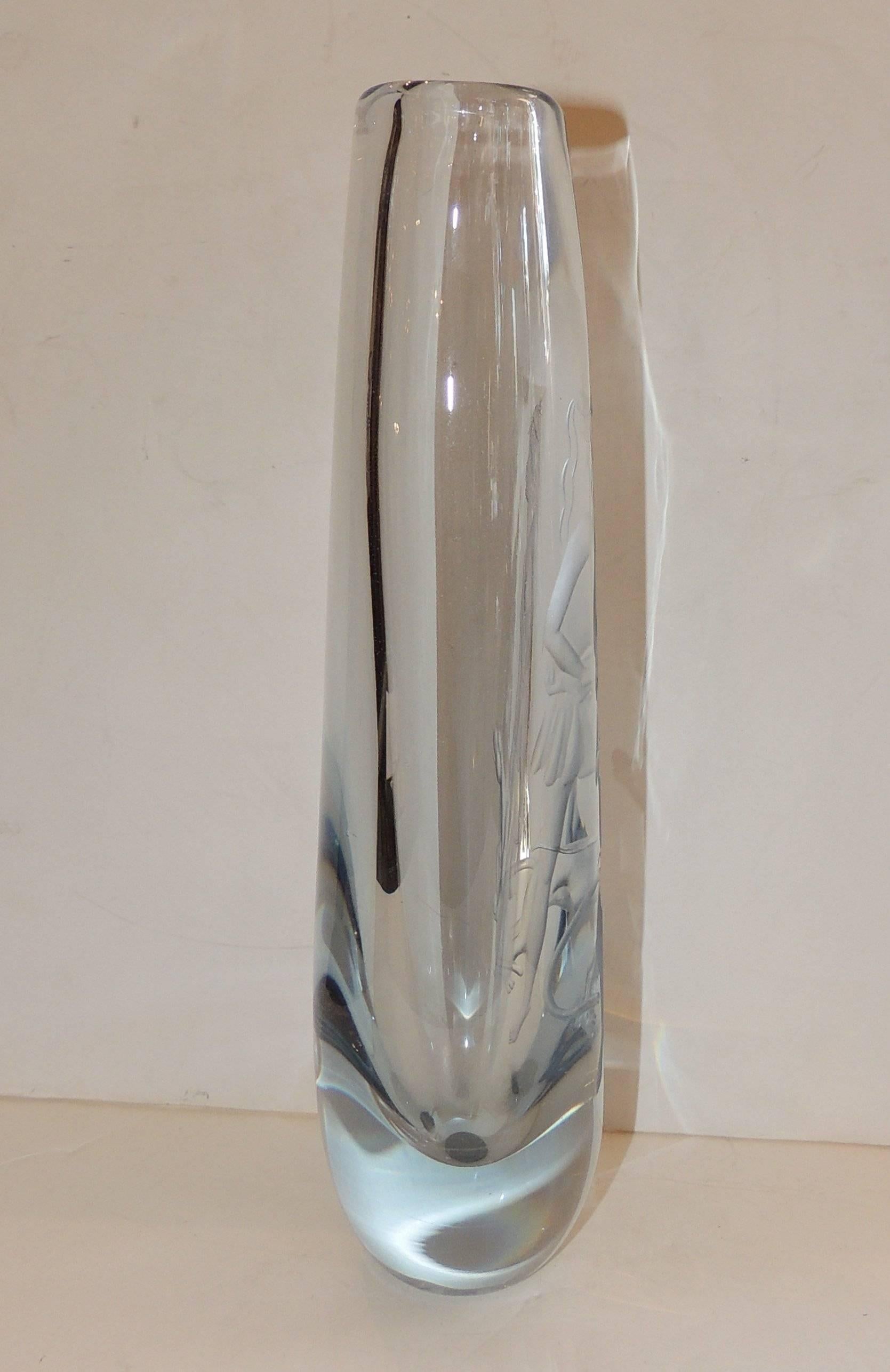 Swedish Beautiful Vintage Signed  Strombergshyttan Huntress Crystal Vase Collectable For Sale