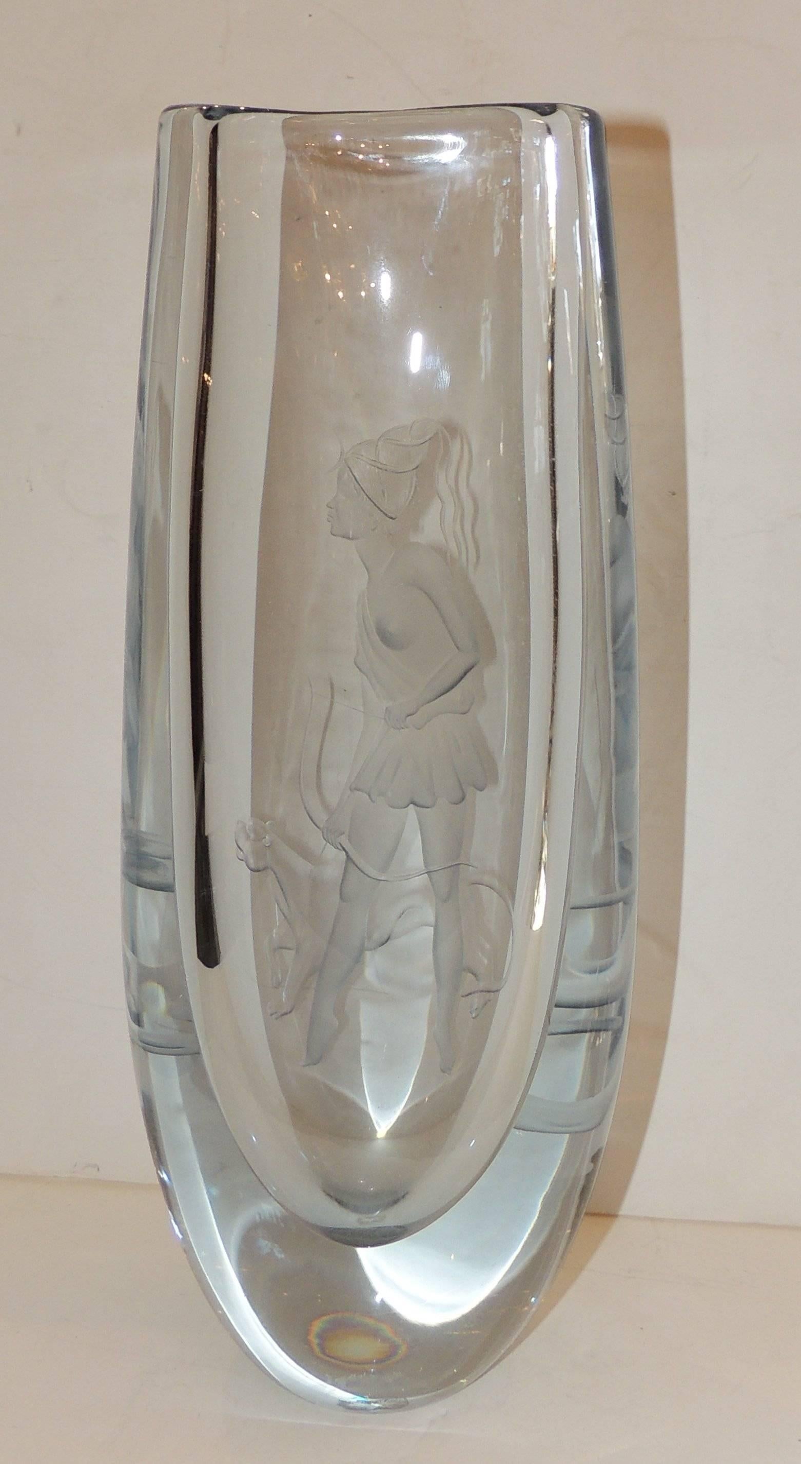 Etched Beautiful Vintage Signed  Strombergshyttan Huntress Crystal Vase Collectable For Sale