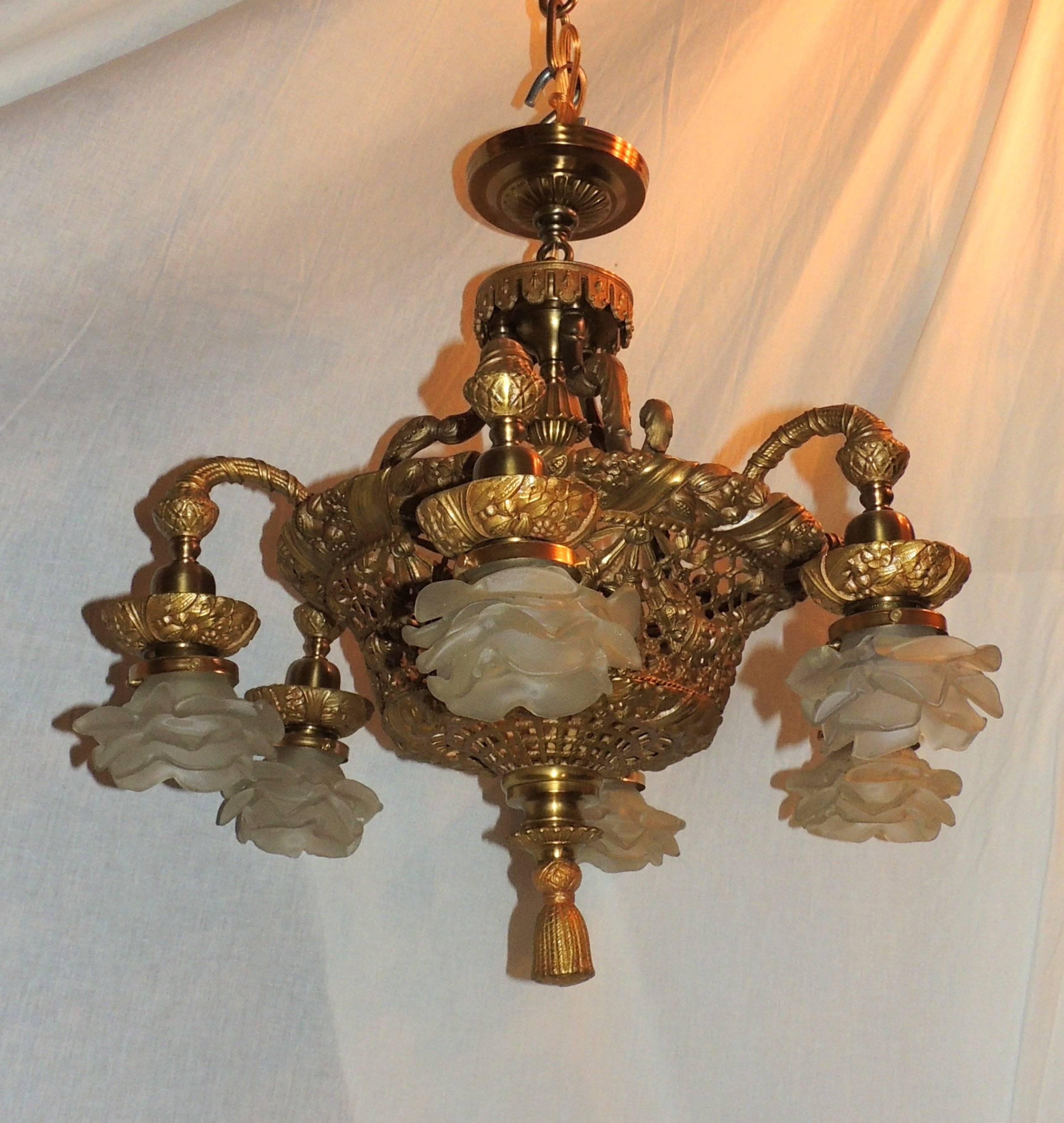 Wonderful French Dore Bronze Basket Form Pierced and Swag Chandelier Fixture 3