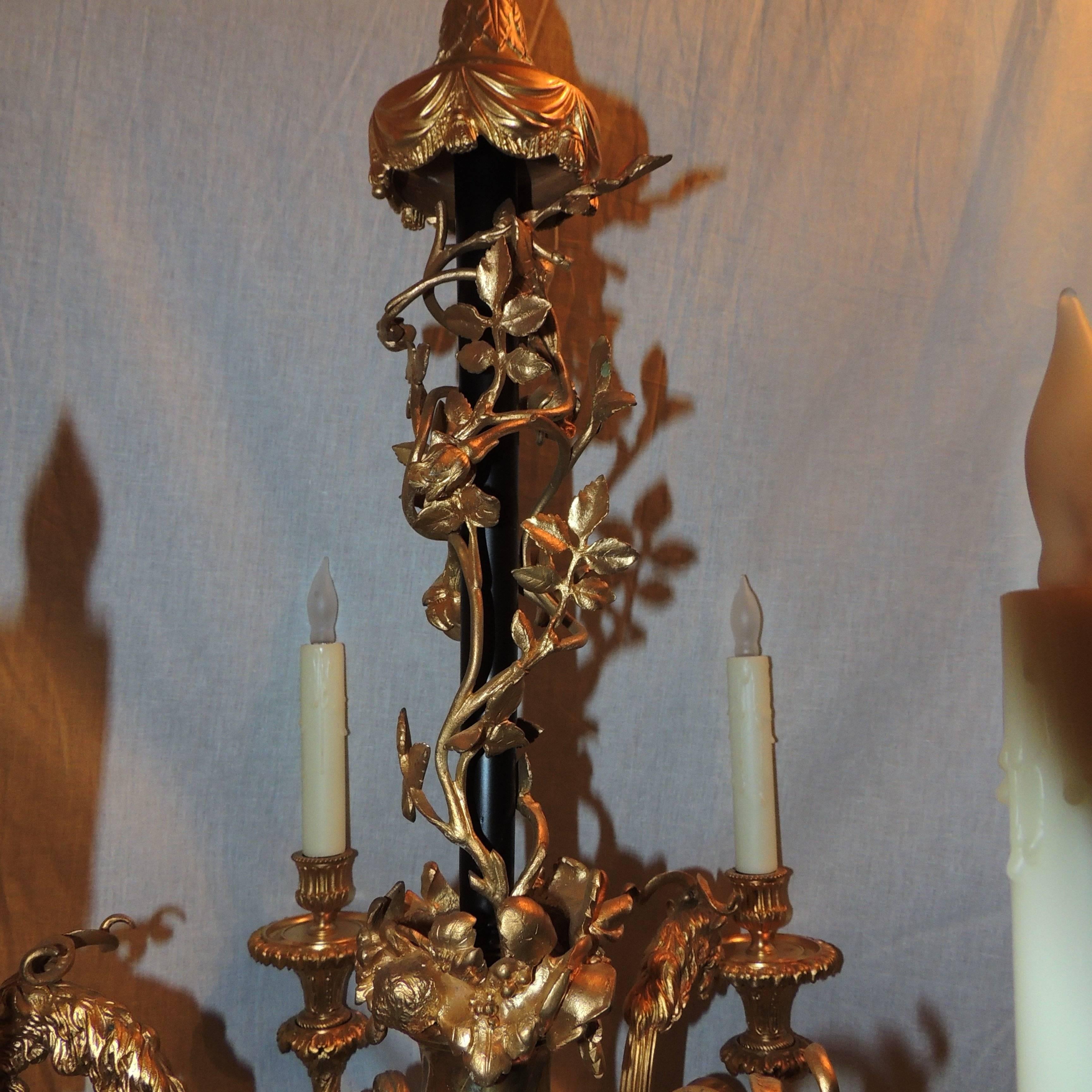 French Empire Neoclassical Six-Light Dore Bronze Goat Flower Chandelier In Good Condition In Roslyn, NY
