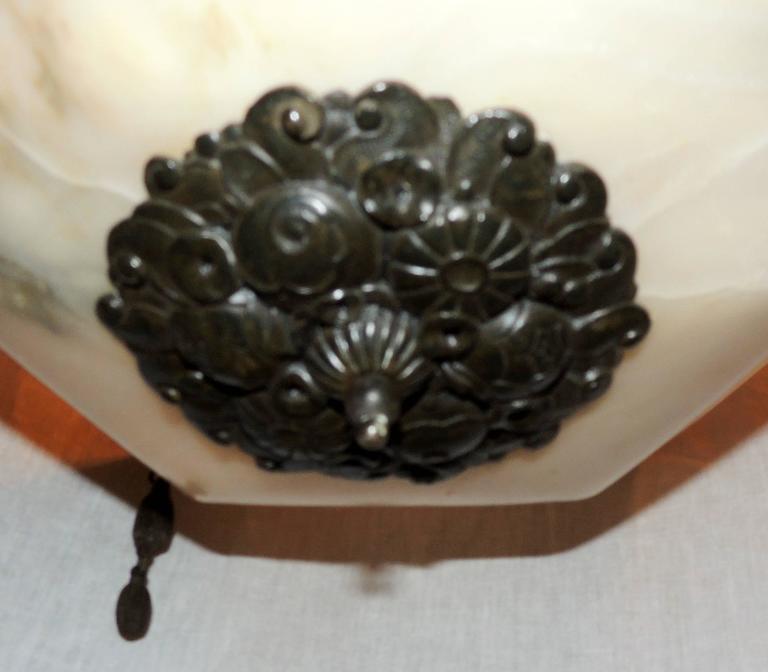Mid-20th Century Wonderful French Art Deco Alabaster Patina Bronze Pendent Chandelier Fixture For Sale