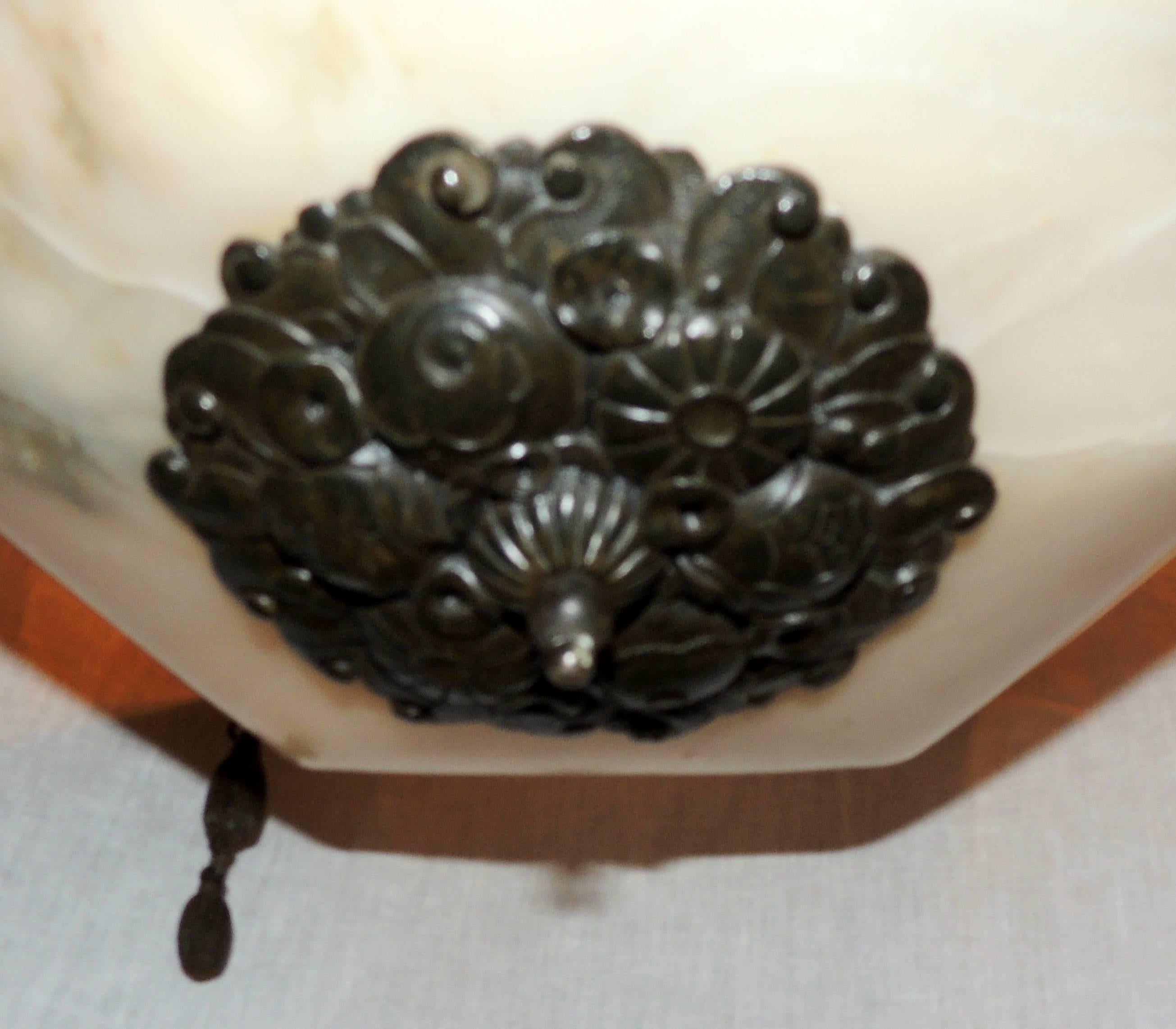 Mid-20th Century Wonderful French Art Deco Alabaster Patina Bronze Pendent Chandelier Fixture