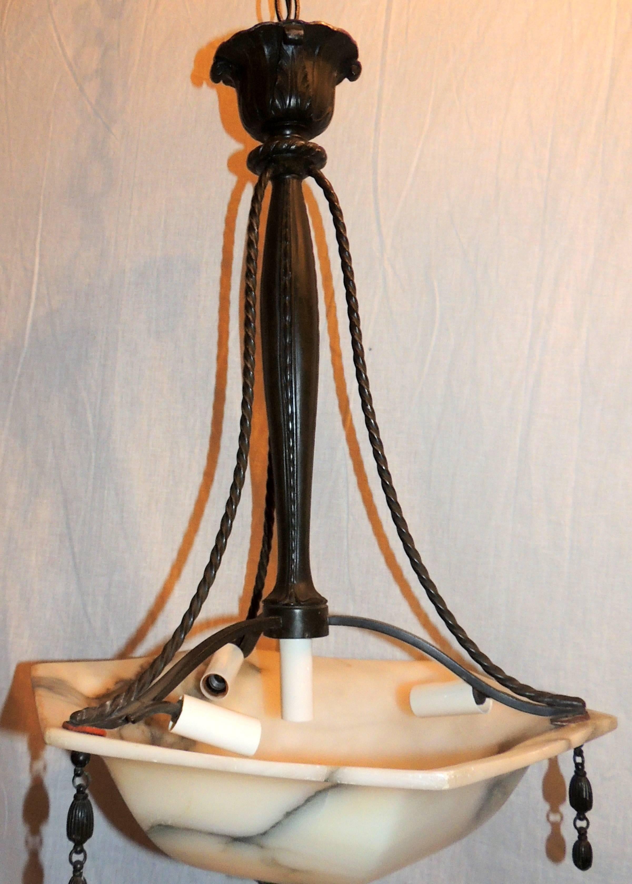 Wonderful French Art Deco Alabaster Patina Bronze Pendent Chandelier Fixture 1