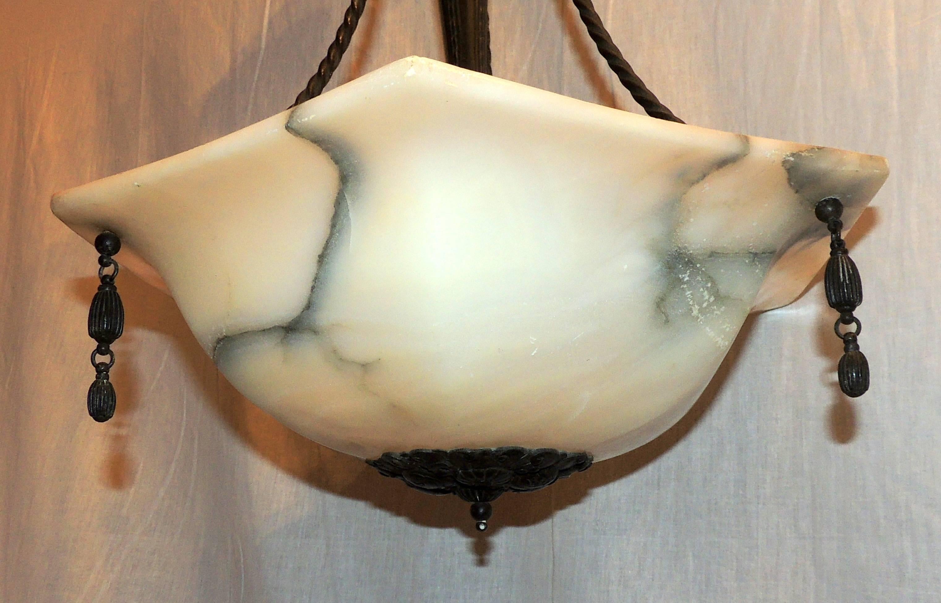 Wonderful French Art Deco Alabaster Patina Bronze Pendent Chandelier Fixture 4