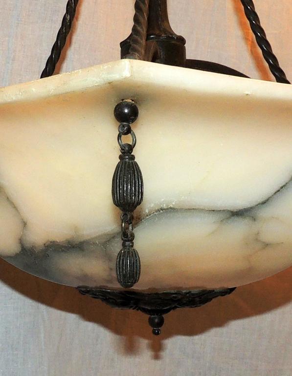Patinated Wonderful French Art Deco Alabaster Patina Bronze Pendent Chandelier Fixture For Sale