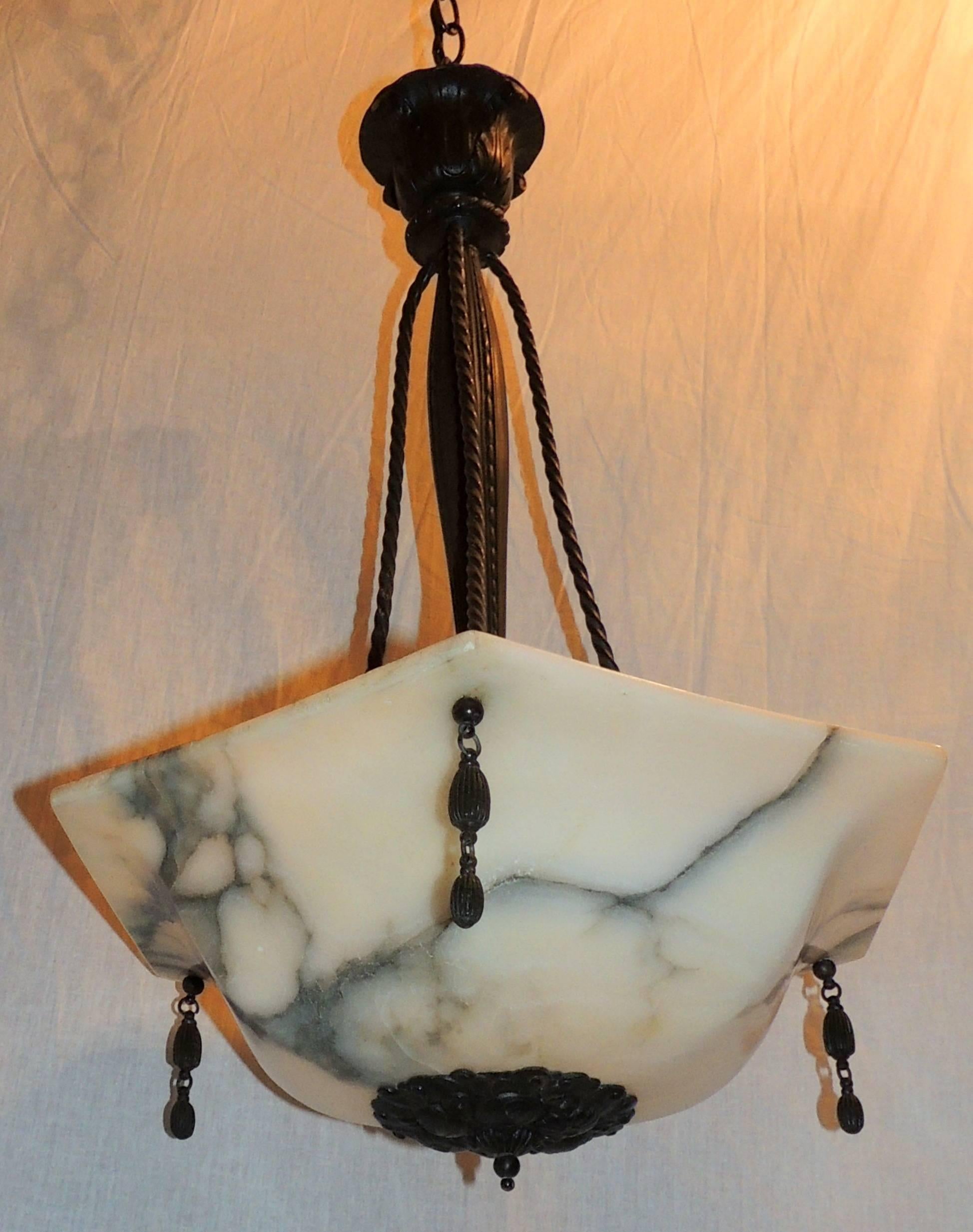 Wonderful French Art Deco Alabaster Patina Bronze Pendent Chandelier Fixture 5