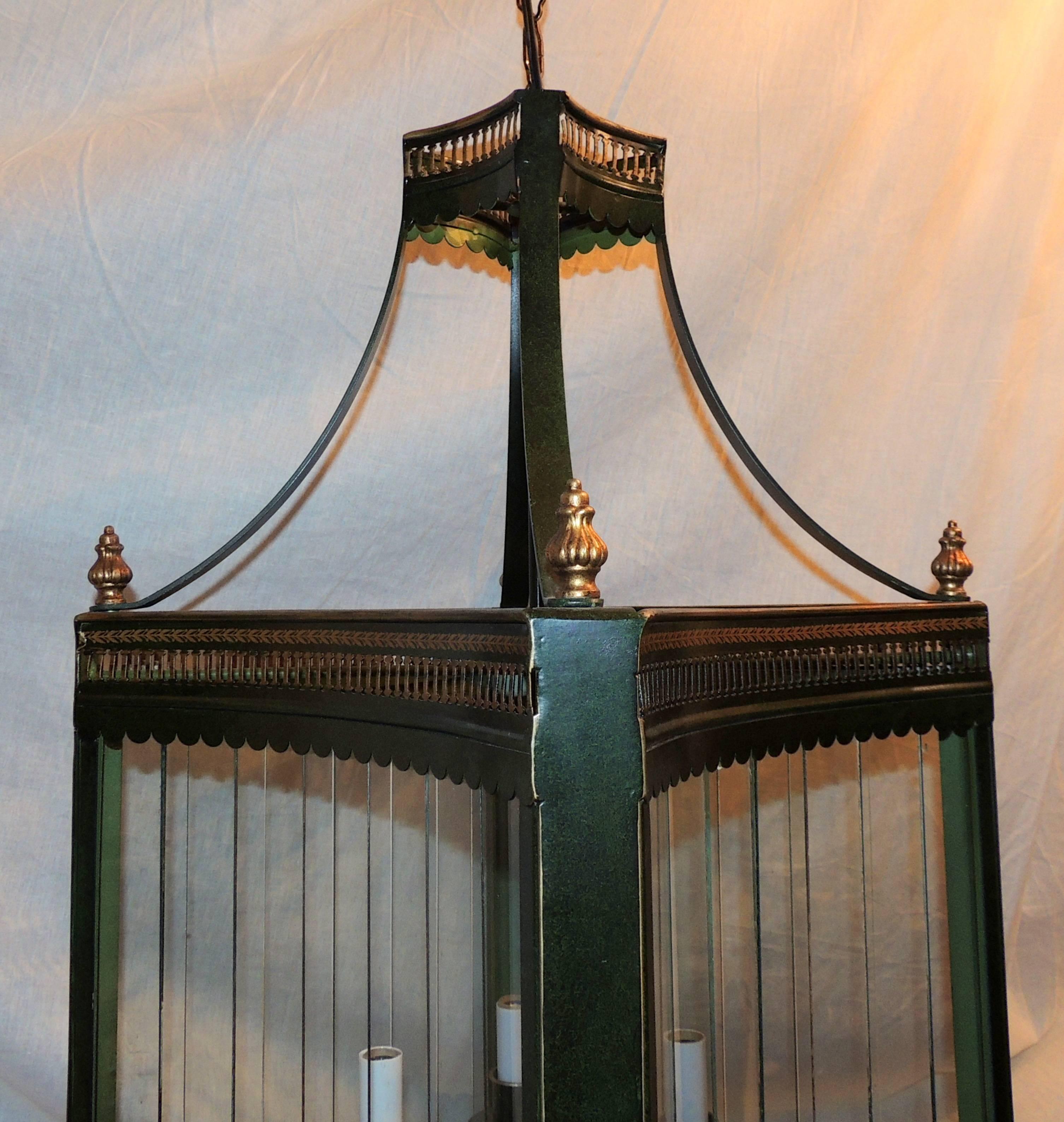 Neoclassical Handsome Vintage Four-Light Green Tole Gilt Lantern Panel Glass Large Fixture