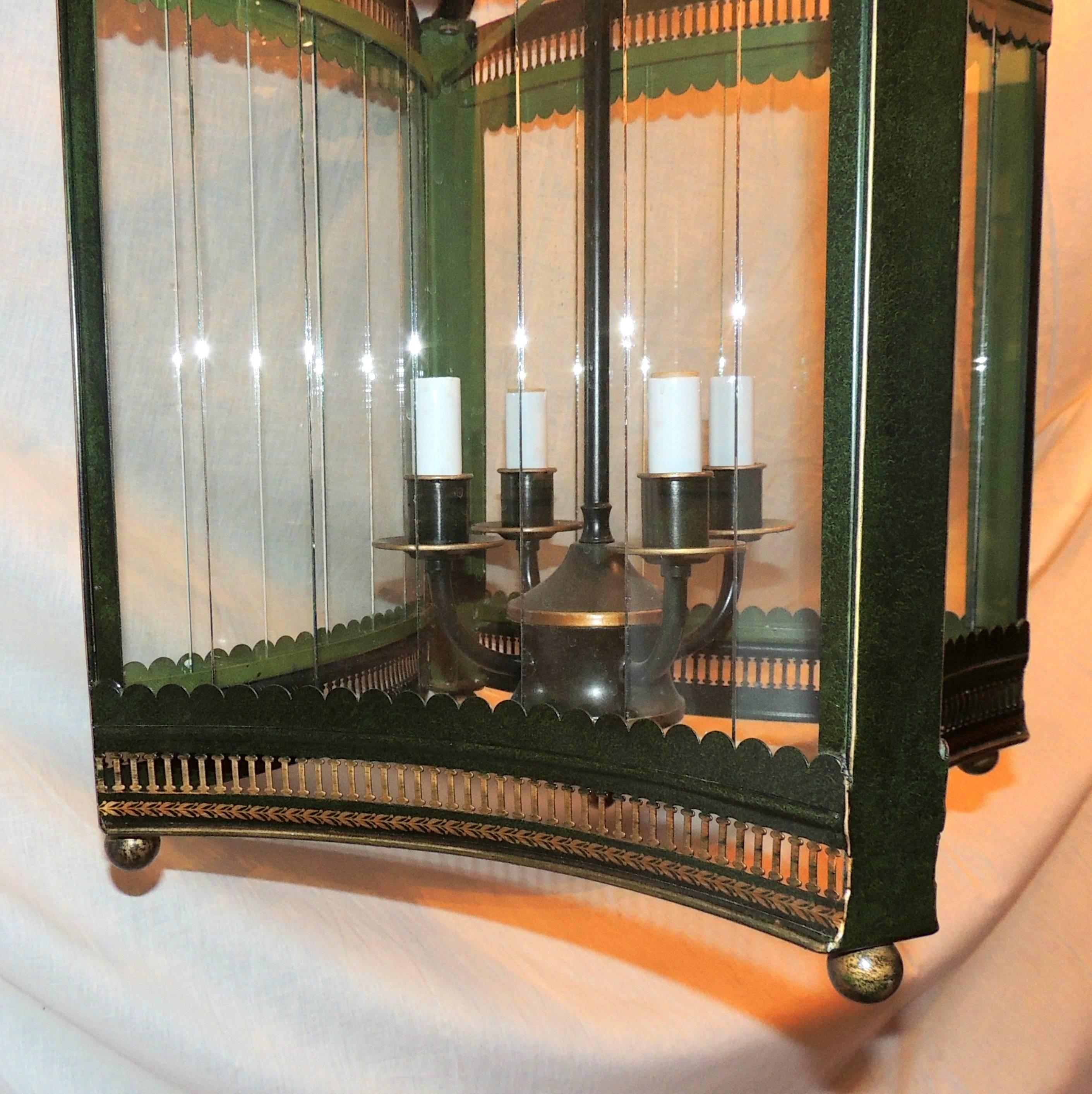 Hand-Painted Handsome Vintage Four-Light Green Tole Gilt Lantern Panel Glass Large Fixture