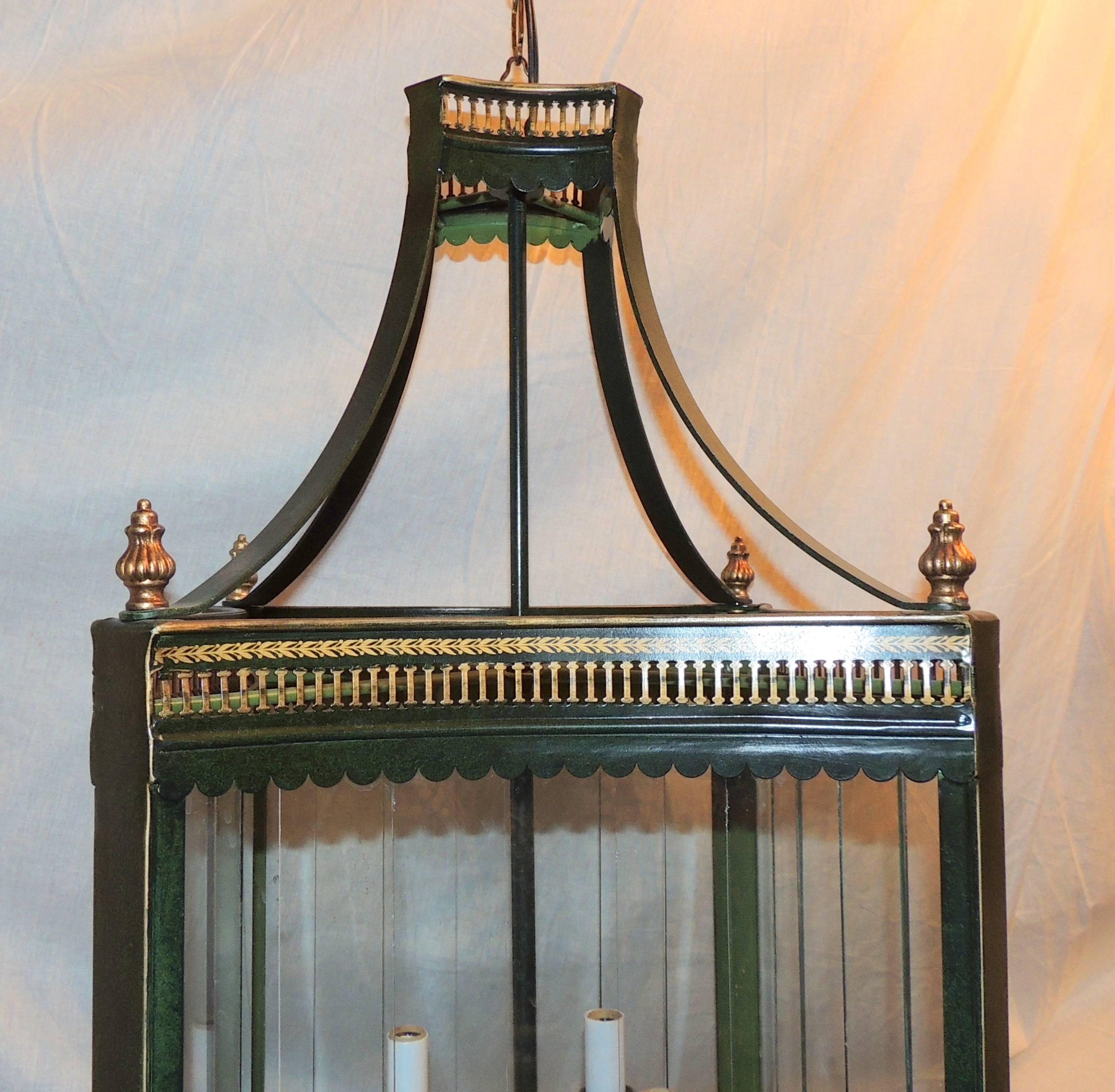 Handsome Vintage Four-Light Green Tole Gilt Lantern Panel Glass Large Fixture In Good Condition In Roslyn, NY