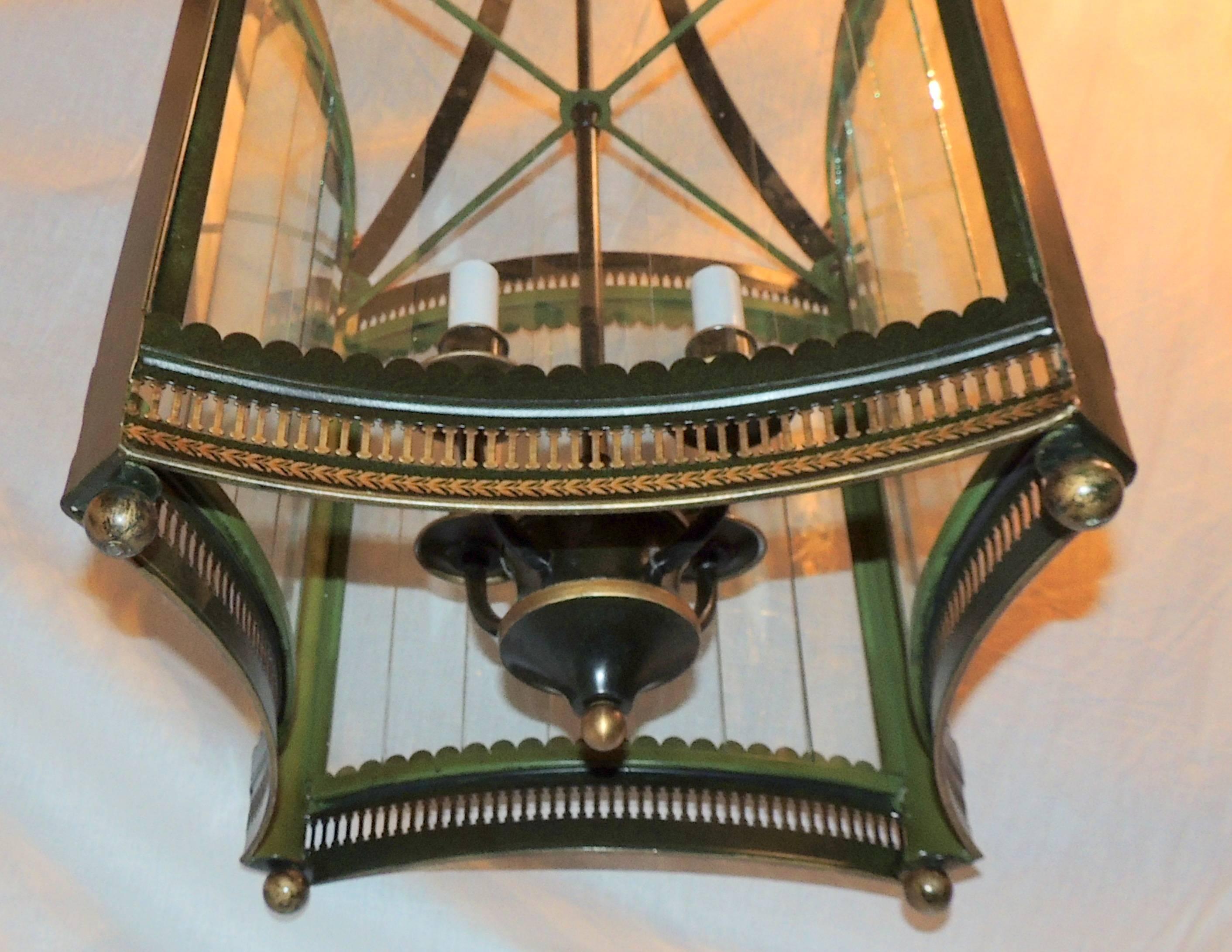 Handsome Vintage Four-Light Green Tole Gilt Lantern Panel Glass Large Fixture 1
