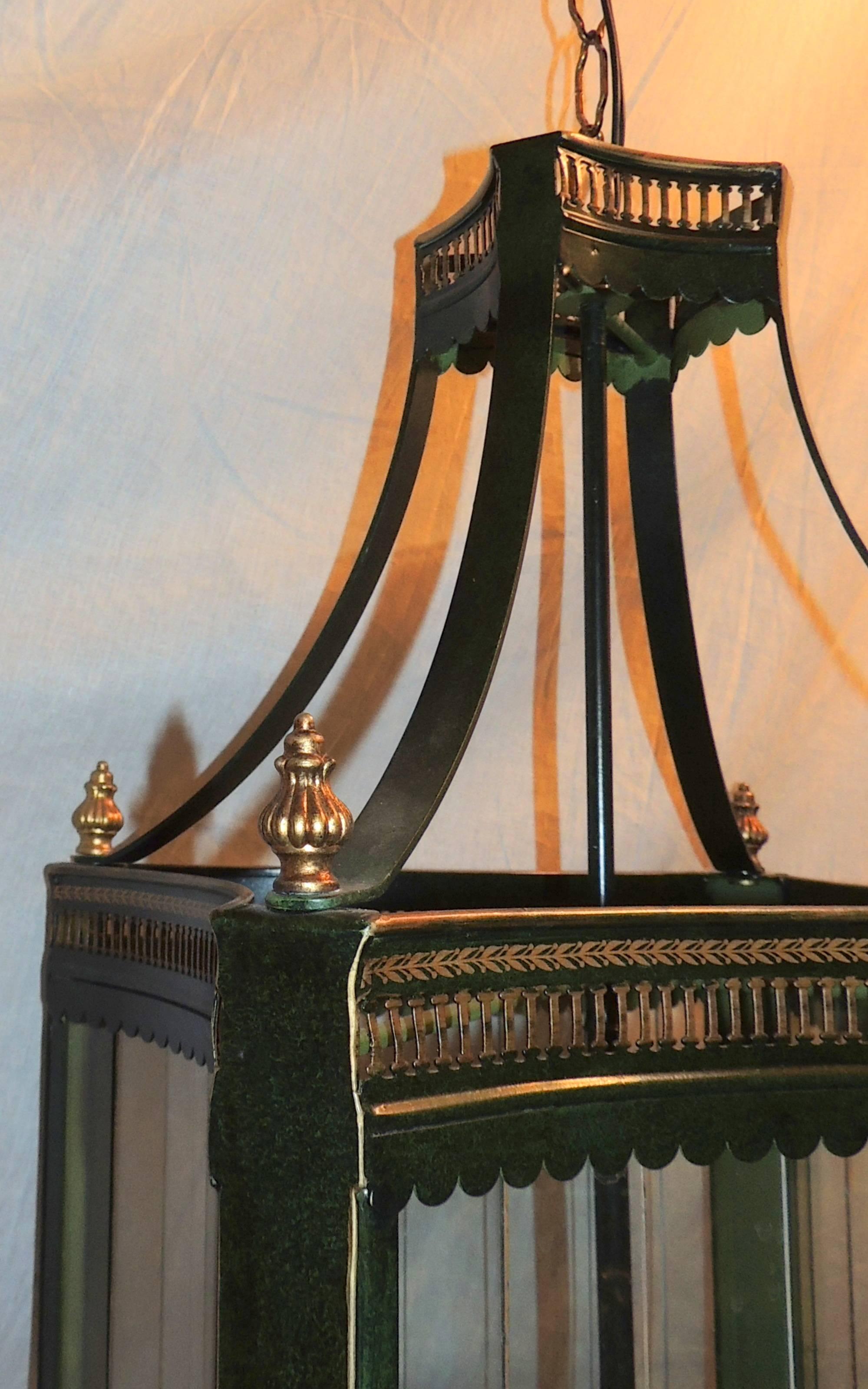 Handsome Vintage Four-Light Green Tole Gilt Lantern Panel Glass Large Fixture 2