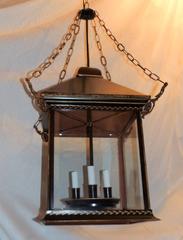 Tole Brown Distressed Leather Gilt Three-Light Glass Lantern Pendent Fixture