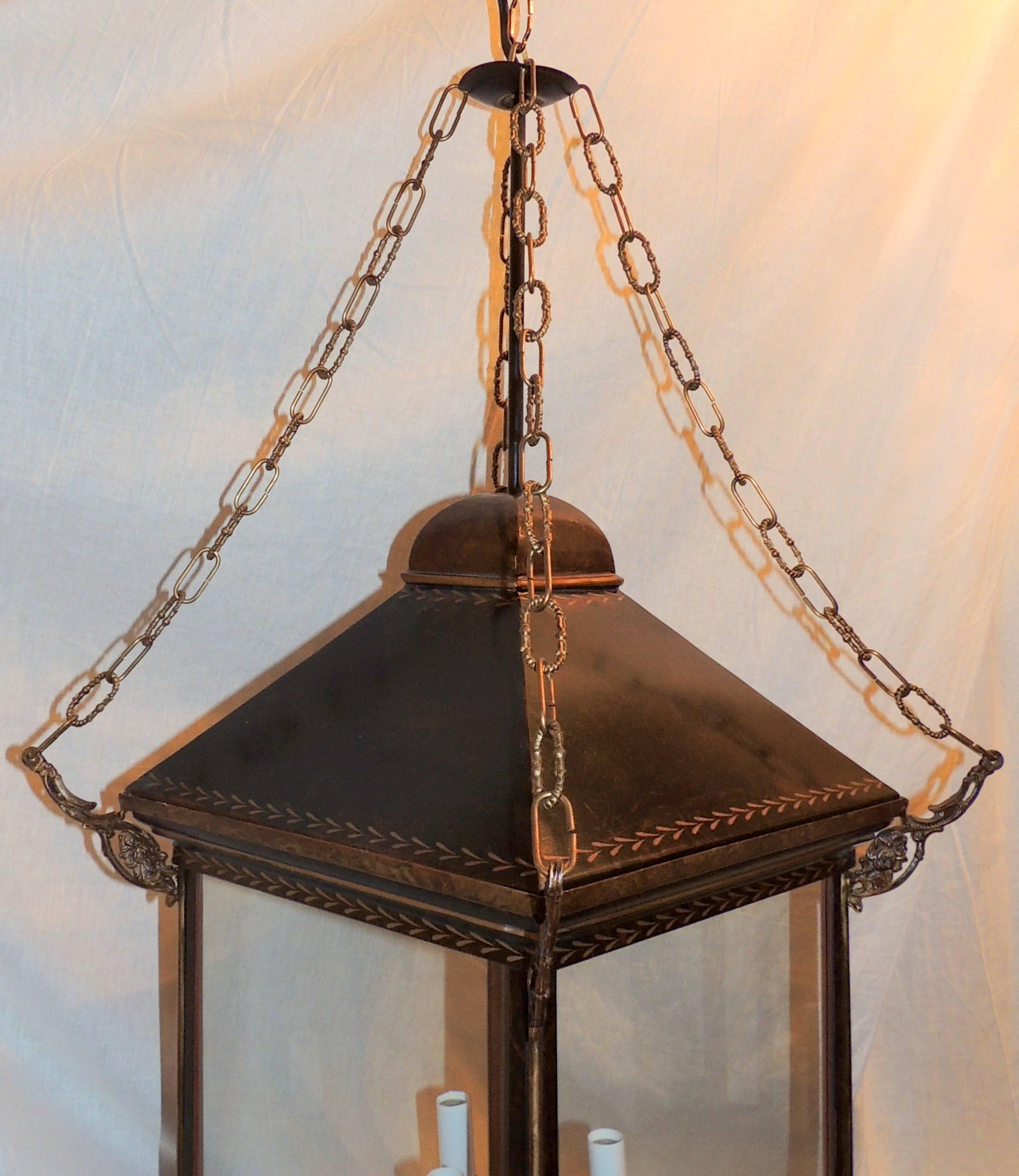 Directoire Tole Brown Distressed Leather Gilt Three-Light Glass Lantern Pendent Fixture