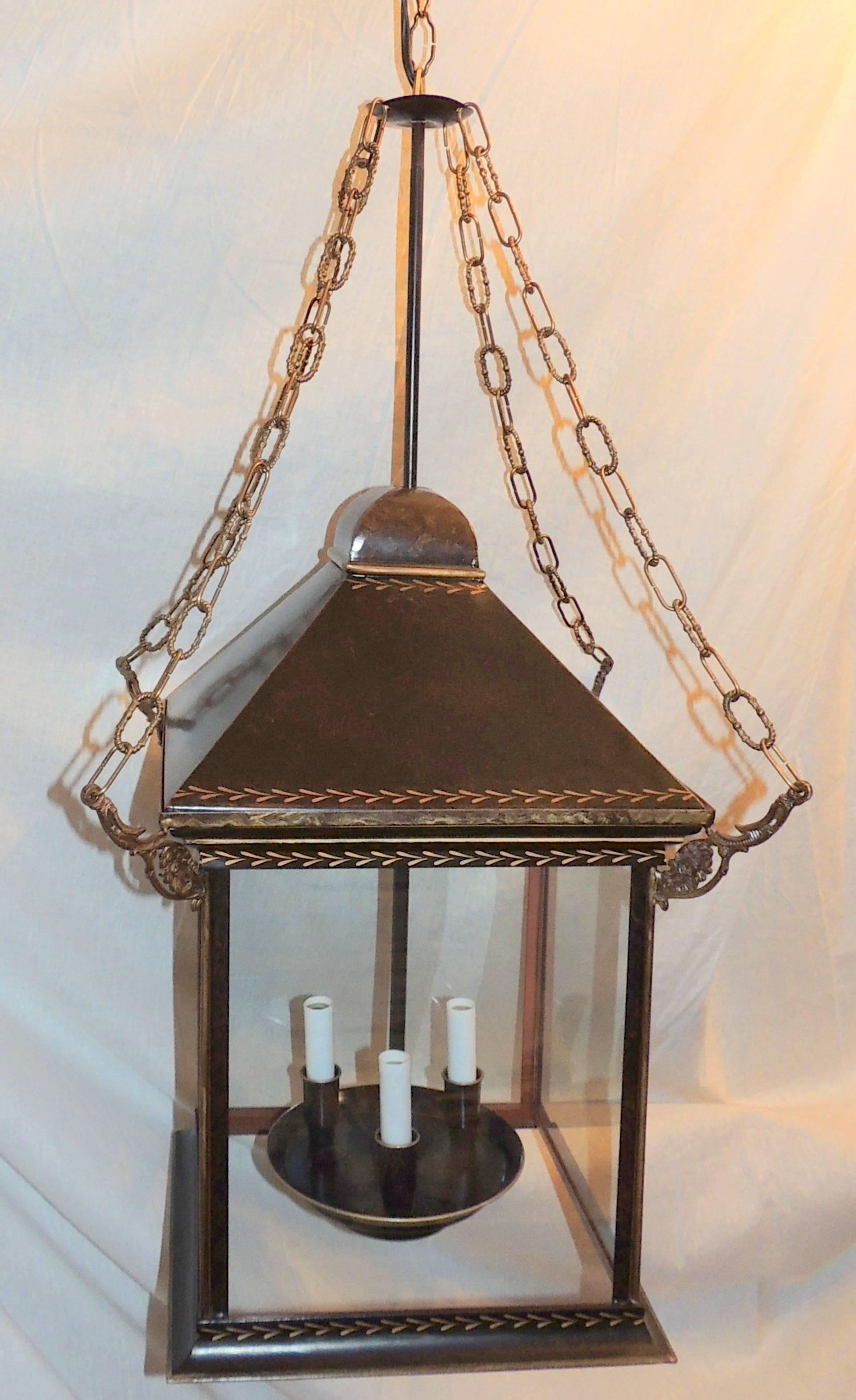 Tole Brown Distressed Leather Gilt Three-Light Glass Lantern Pendent Fixture 2