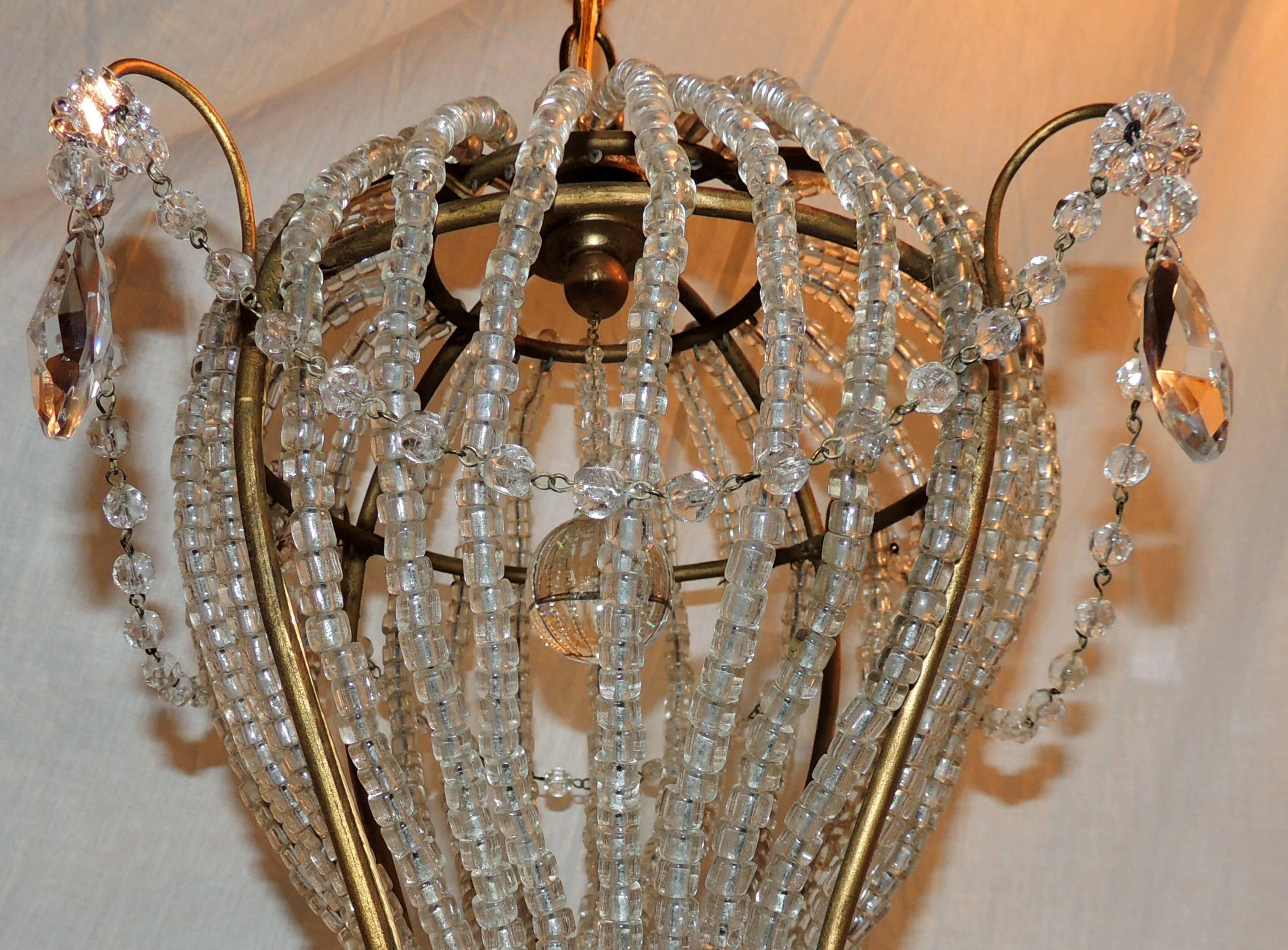Wonderful Vintage Italy Gilt Beaded Crystal Hot Air Balloon Chandelier Fixture In Good Condition For Sale In Roslyn, NY