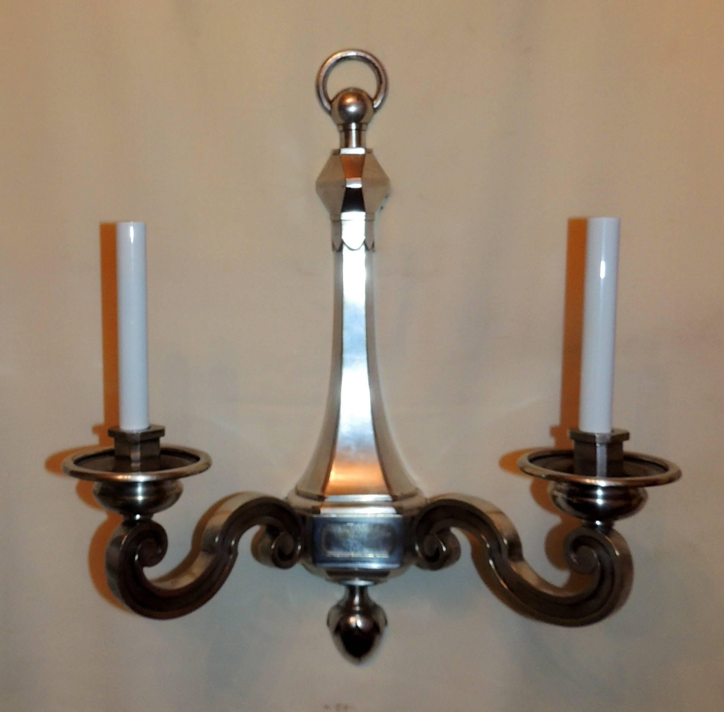 handsome Pair Silvered Bronze Caldwell Regency Neoclassical Large Wall Sconces 2