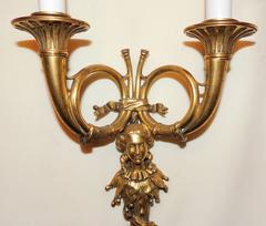 Beautiful Pair French Horn Bronze Lady Figural Two-Light Tasle Regency Sconces
